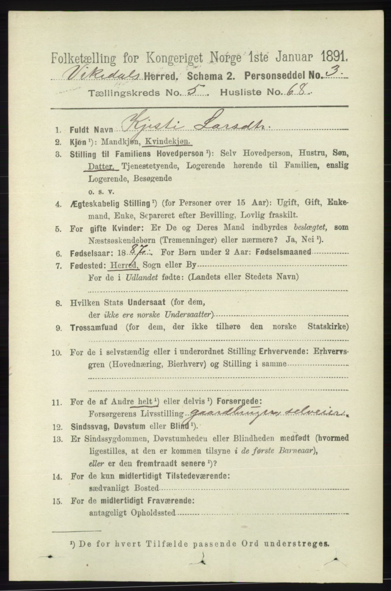 RA, 1891 census for 1157 Vikedal, 1891, p. 1473