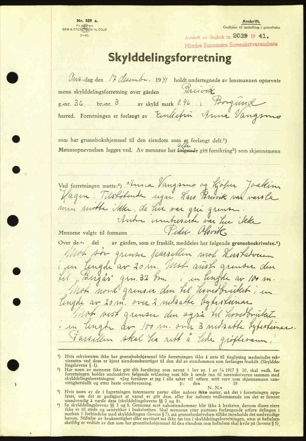 Nordre Sunnmøre sorenskriveri, AV/SAT-A-0006/1/2/2C/2Ca: Mortgage book no. A12, 1941-1942, Diary no: : 2039/1941