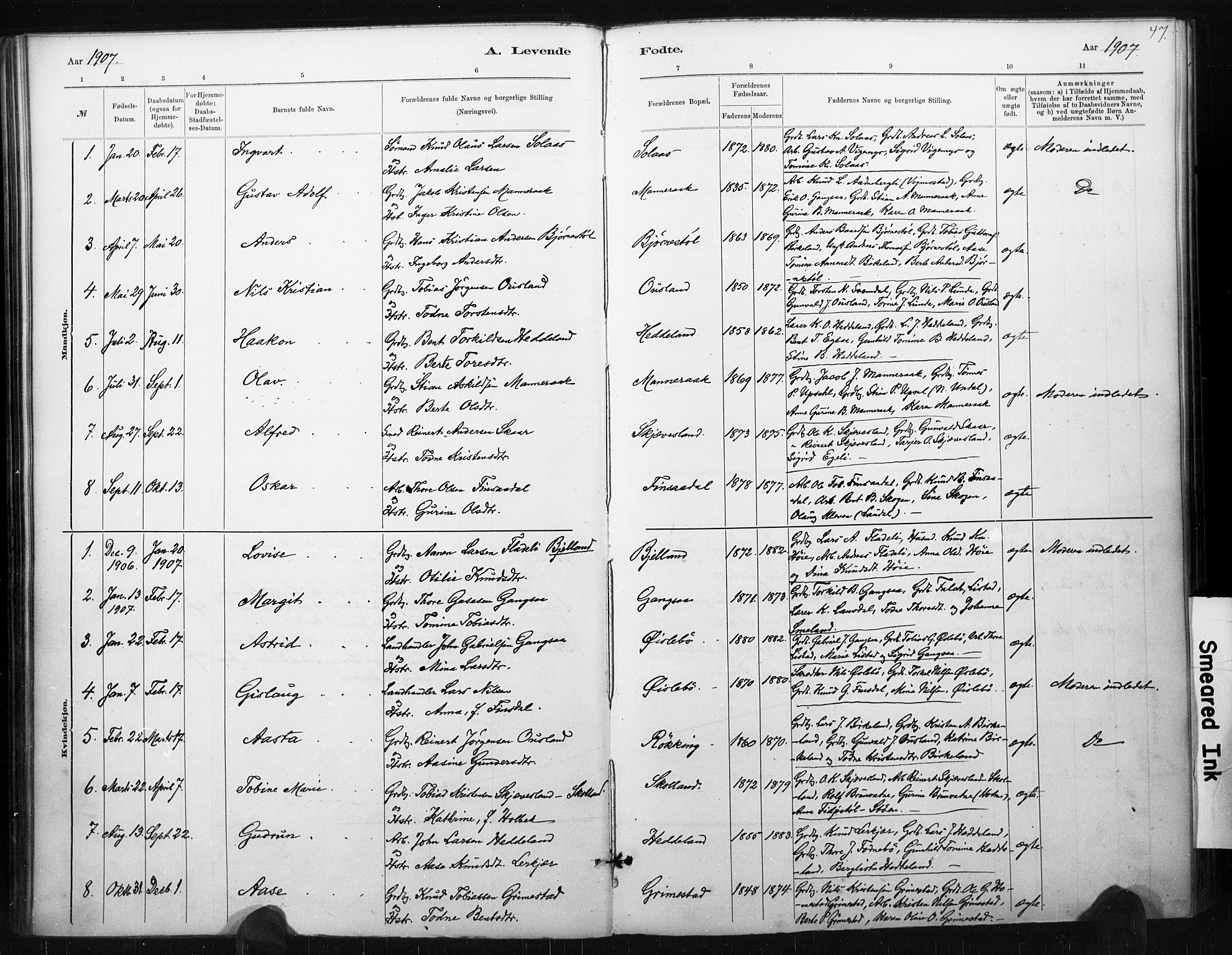 Holum sokneprestkontor, AV/SAK-1111-0022/F/Fa/Fac/L0004: Parish register (official) no. A 4, 1884-1907, p. 47