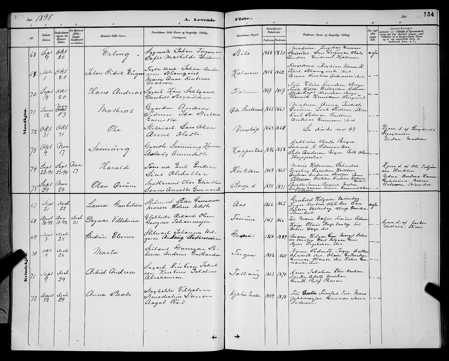 Gjerpen kirkebøker, AV/SAKO-A-265/G/Ga/L0002: Parish register (copy) no. I 2, 1883-1900, p. 154