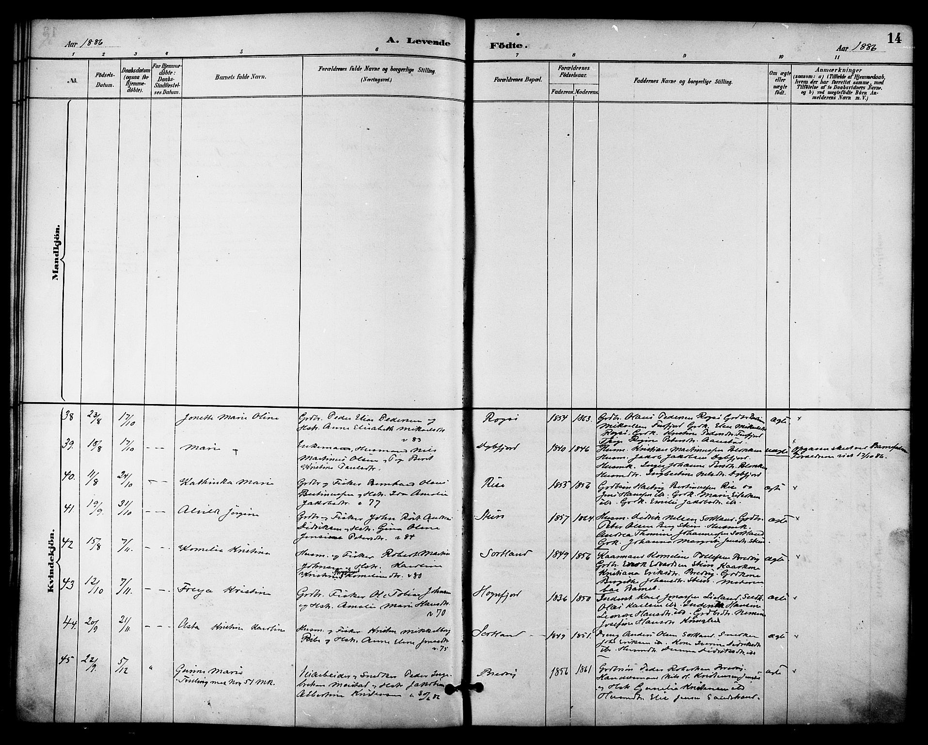 Ministerialprotokoller, klokkerbøker og fødselsregistre - Nordland, AV/SAT-A-1459/895/L1371: Parish register (official) no. 895A06, 1885-1894, p. 14