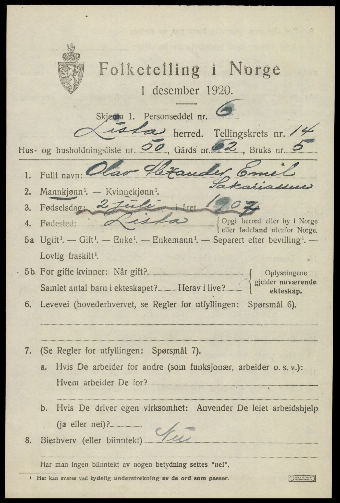 SAK, 1920 census for Lista, 1920, p. 12571