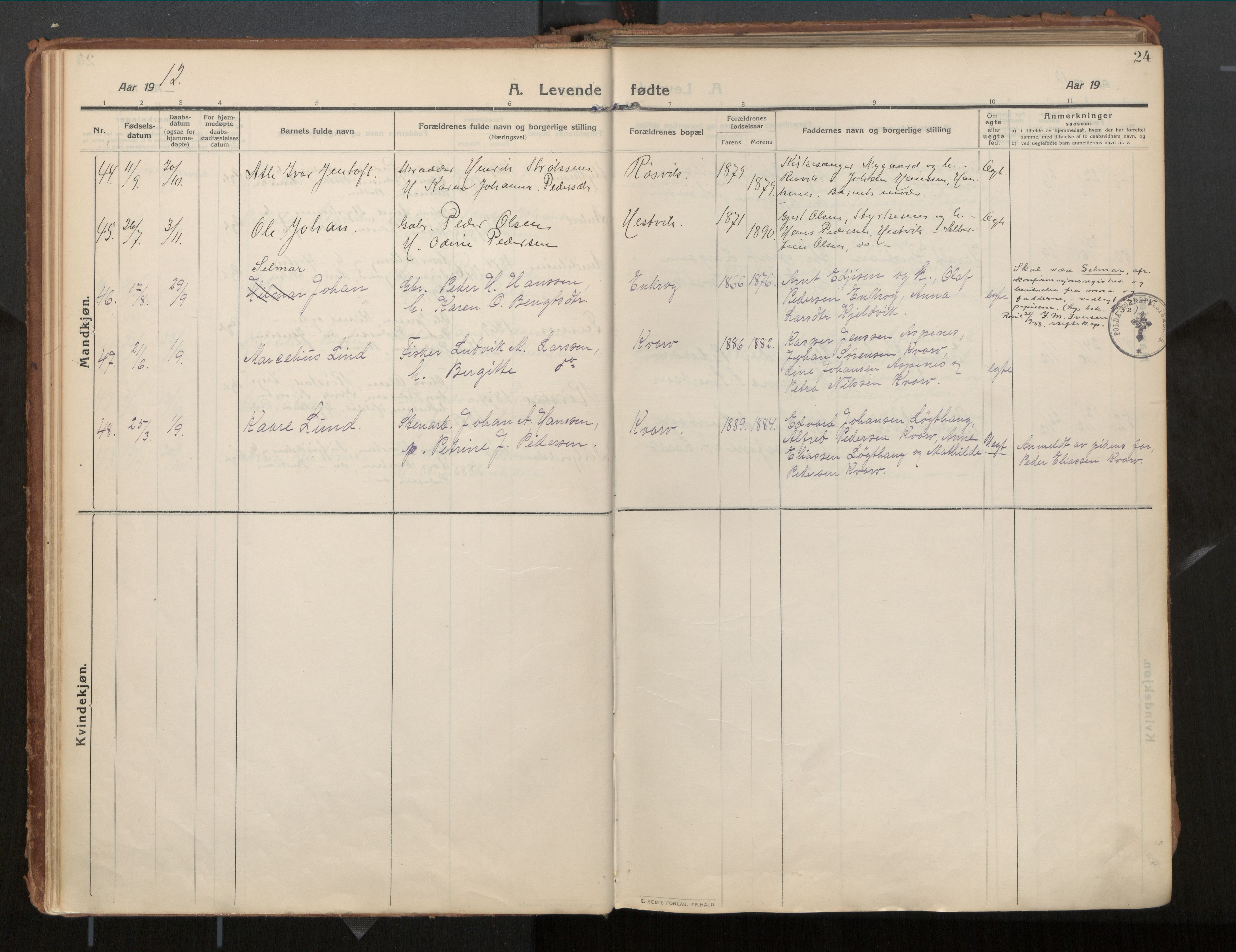 Ministerialprotokoller, klokkerbøker og fødselsregistre - Nordland, AV/SAT-A-1459/854/L0784: Parish register (official) no. 854A07, 1910-1922, p. 24