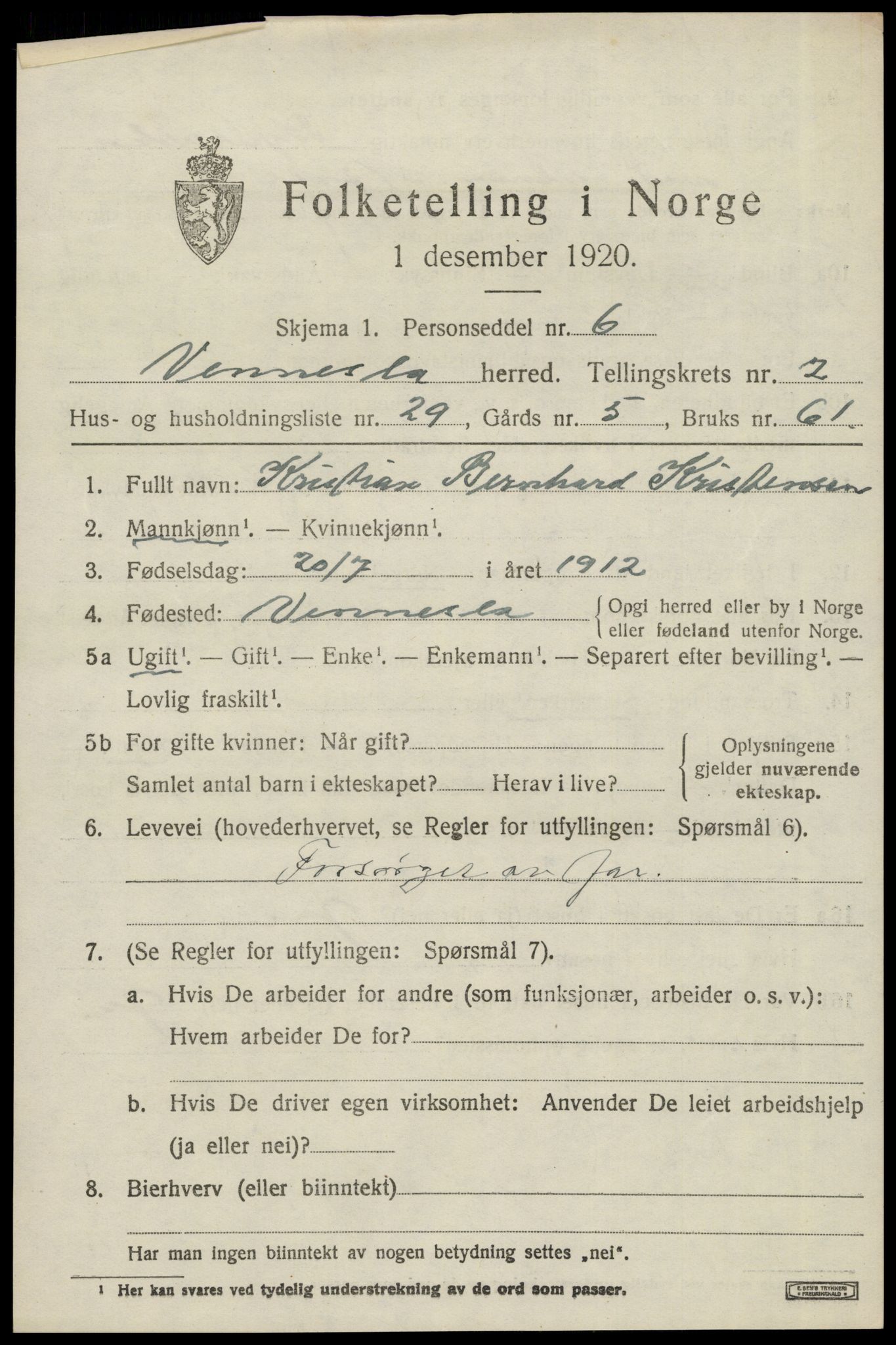 SAK, 1920 census for Vennesla, 1920, p. 1828