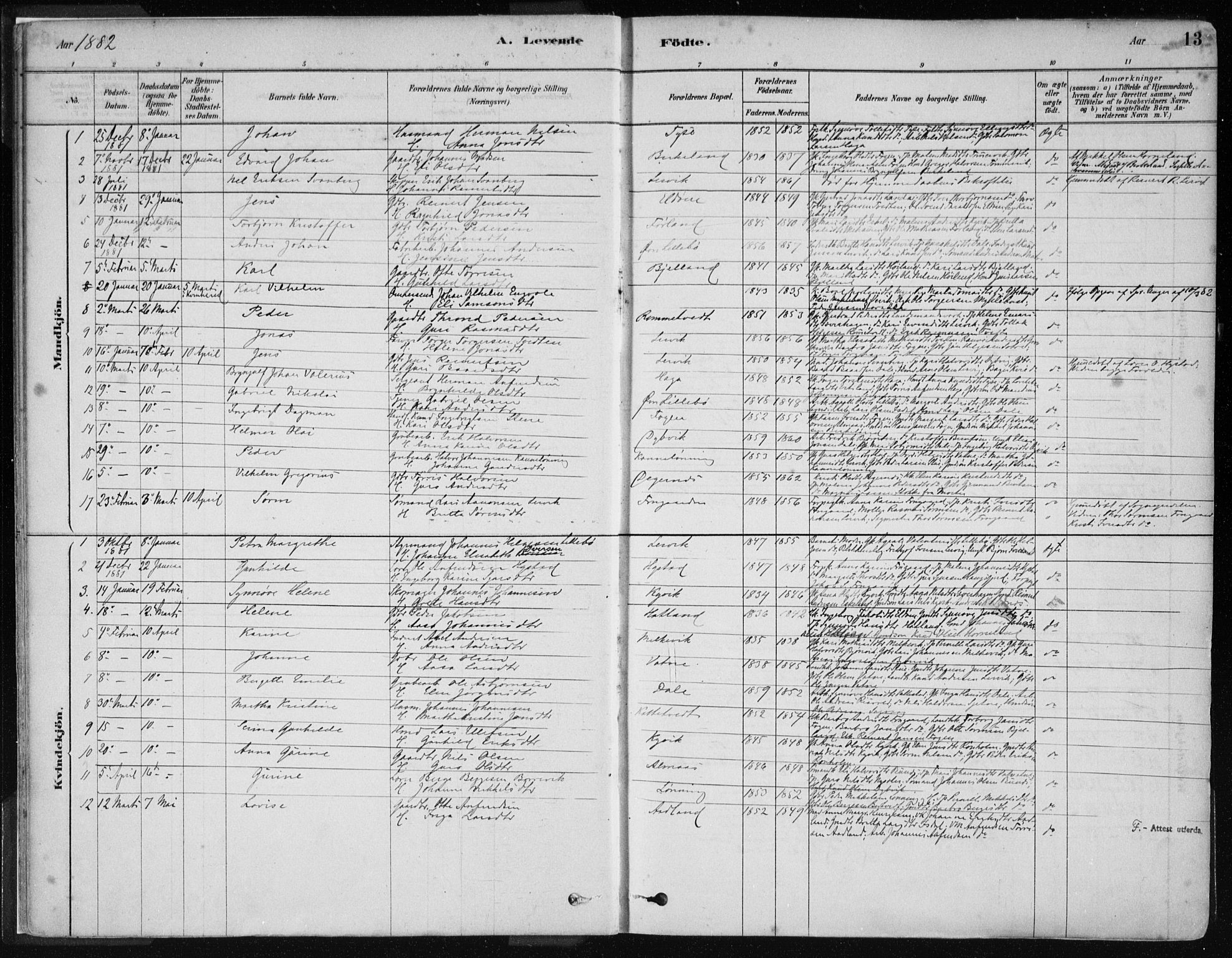 Stord sokneprestembete, SAB/A-78201/H/Haa: Parish register (official) no. B 2, 1878-1913, p. 13