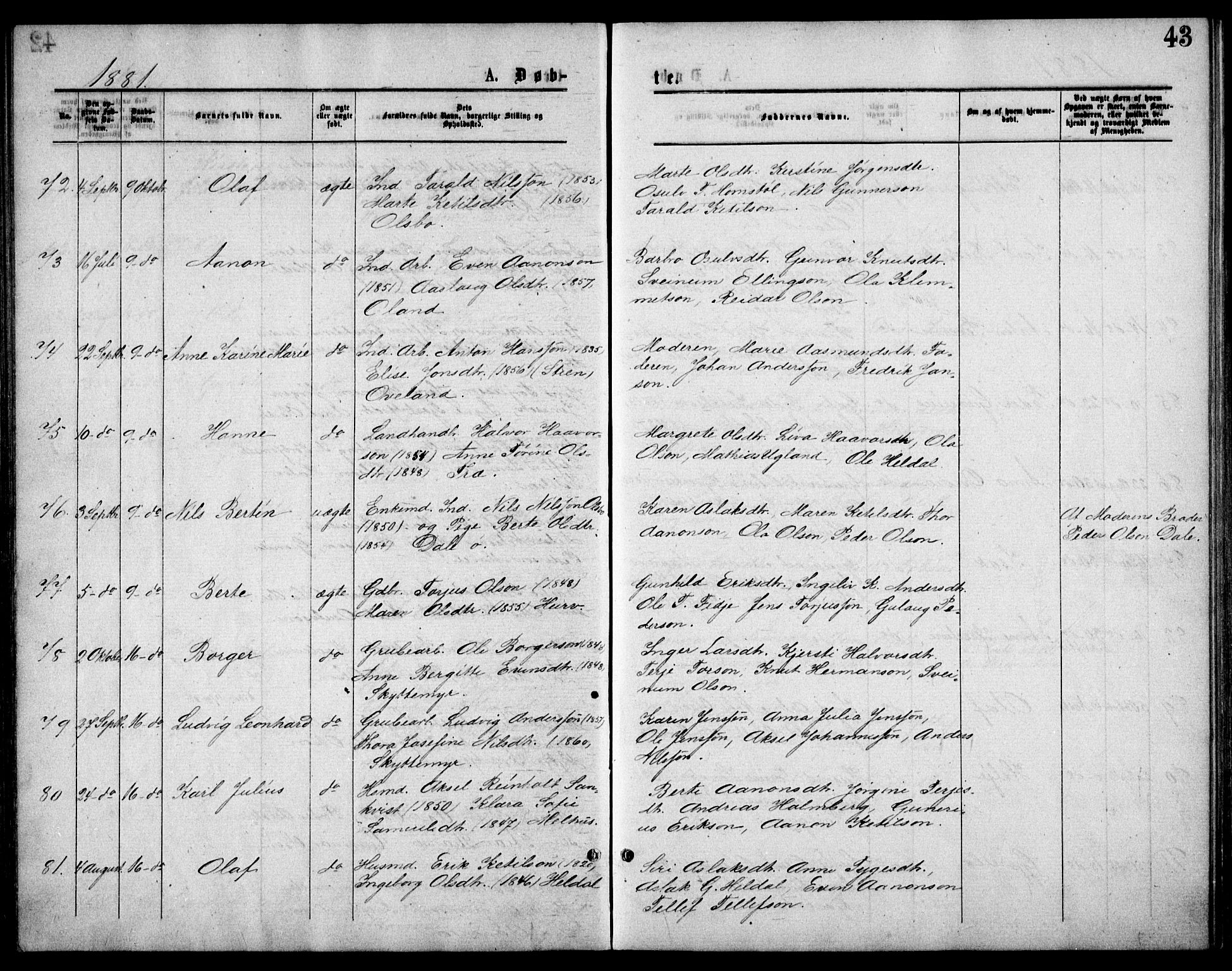 Froland sokneprestkontor, AV/SAK-1111-0013/F/Fb/L0009: Parish register (copy) no. B 9, 1875-1893, p. 43