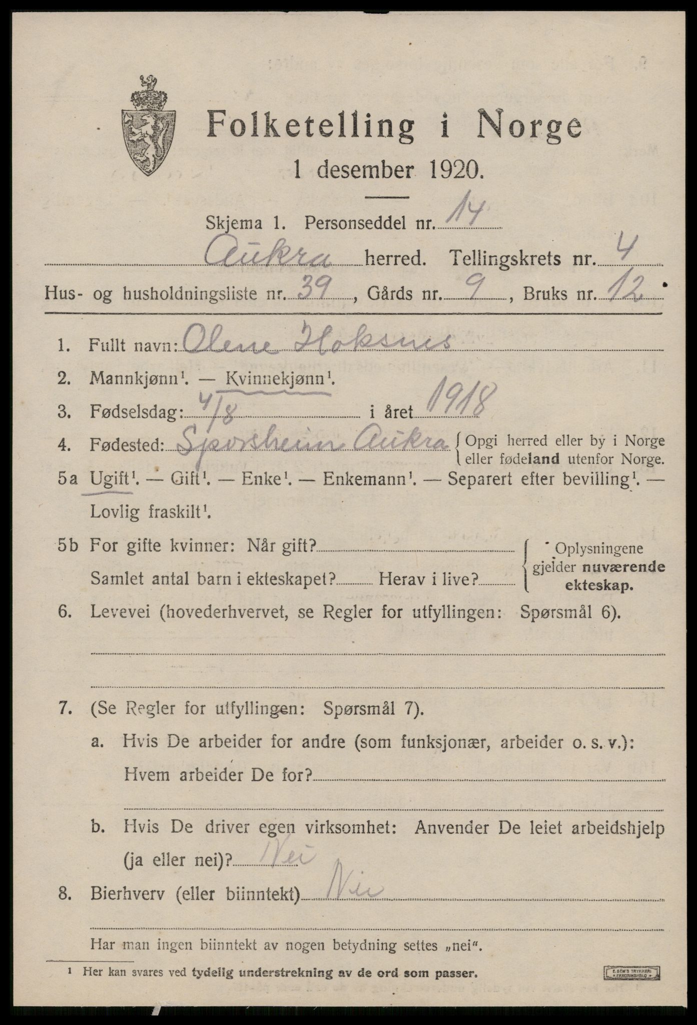 SAT, 1920 census for Aukra, 1920, p. 3275