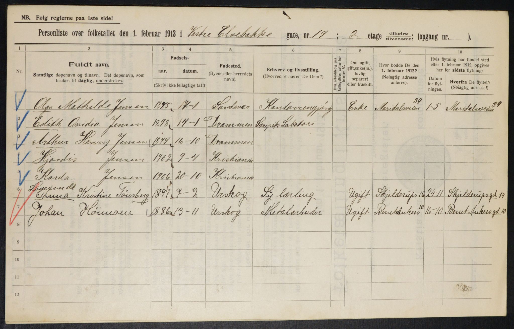 OBA, Municipal Census 1913 for Kristiania, 1913, p. 122425