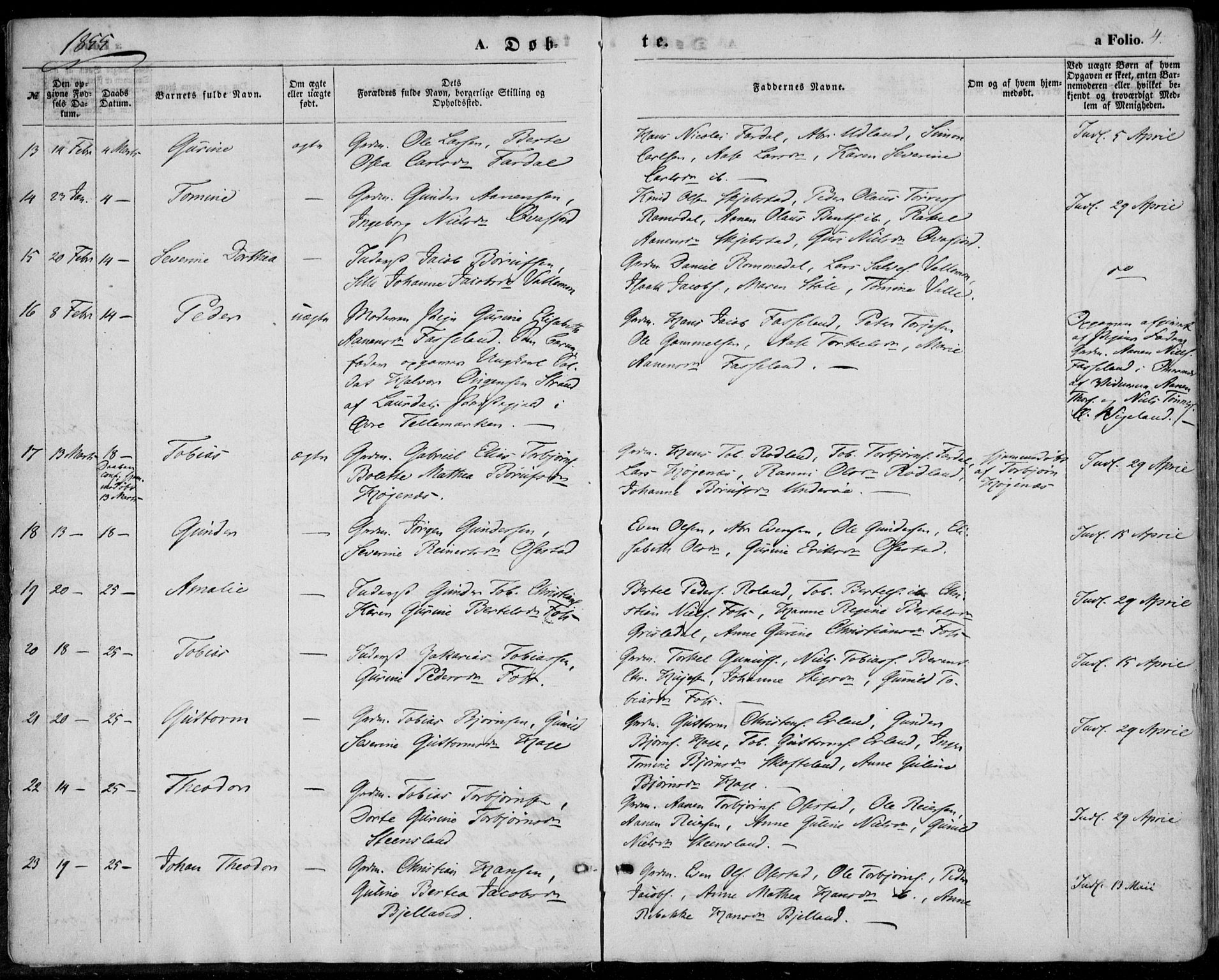 Sør-Audnedal sokneprestkontor, AV/SAK-1111-0039/F/Fa/Fab/L0007: Parish register (official) no. A 7, 1855-1876, p. 4