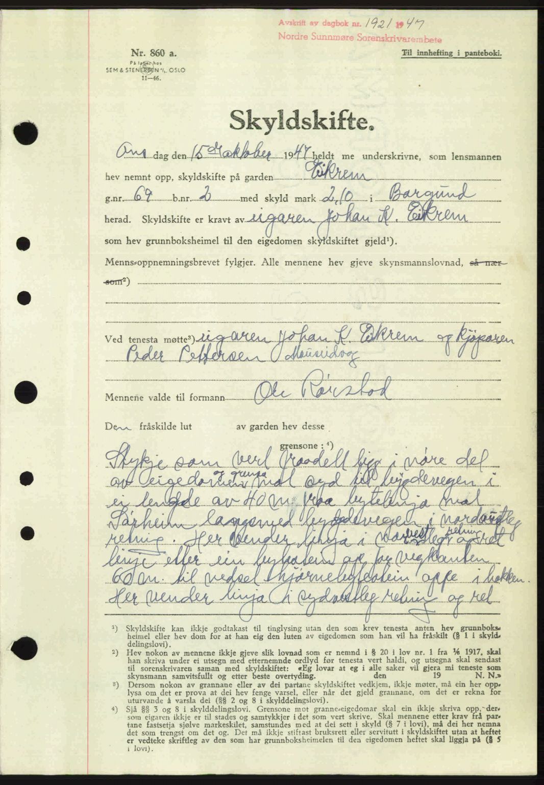 Nordre Sunnmøre sorenskriveri, AV/SAT-A-0006/1/2/2C/2Ca: Mortgage book no. A26, 1947-1948, Diary no: : 1921/1947