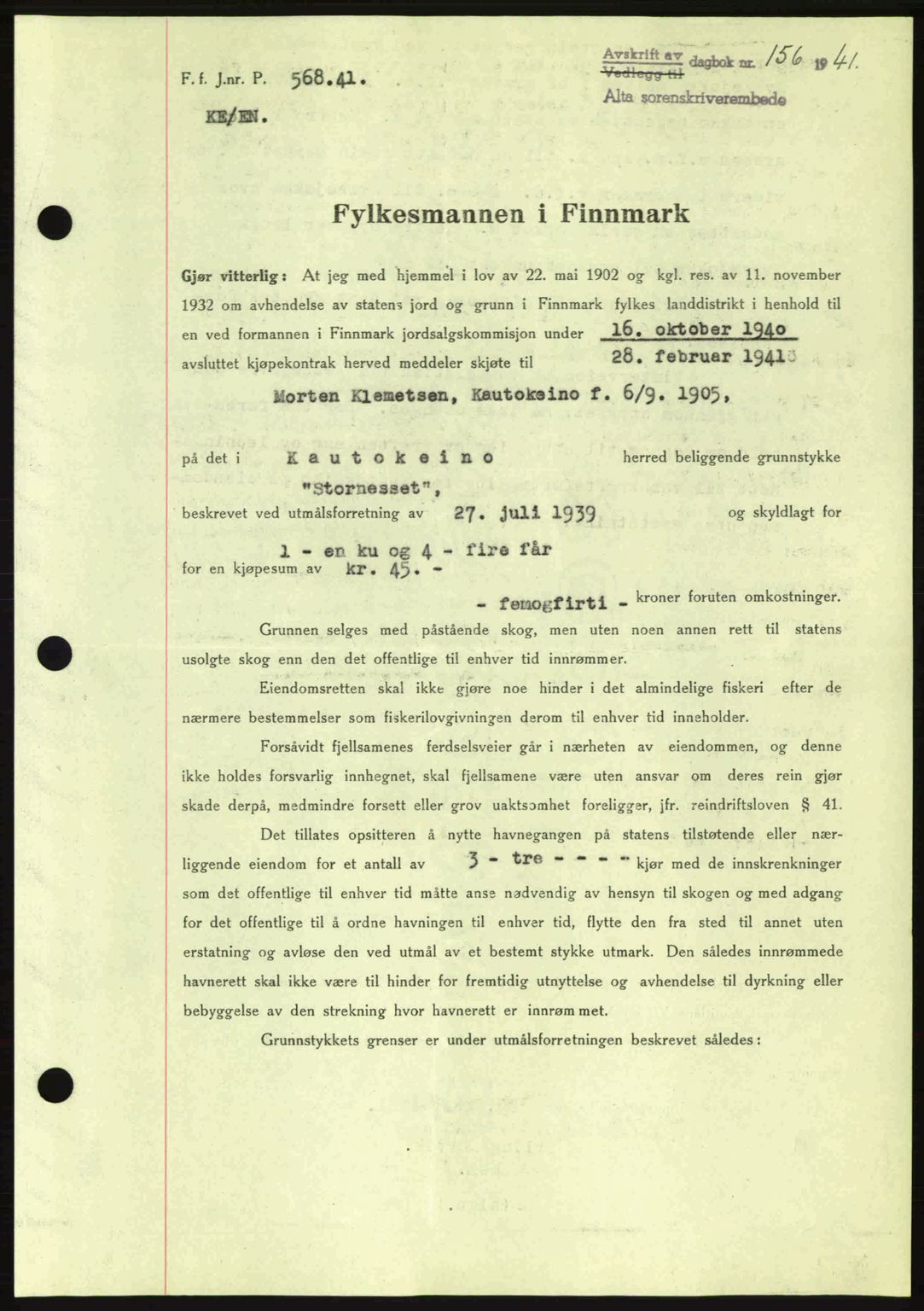Alta fogderi/sorenskriveri, SATØ/SATØ-5/1/K/Kd/L0033pantebok: Mortgage book no. 33, 1940-1943, Diary no: : 156/1941