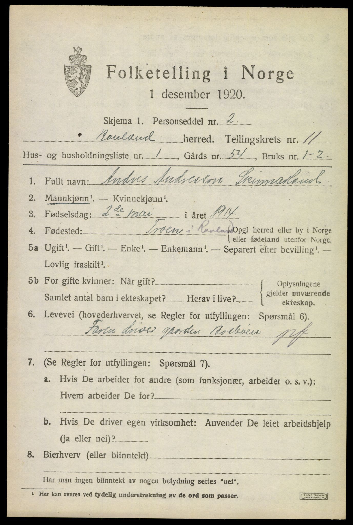 SAKO, 1920 census for Rauland, 1920, p. 2442