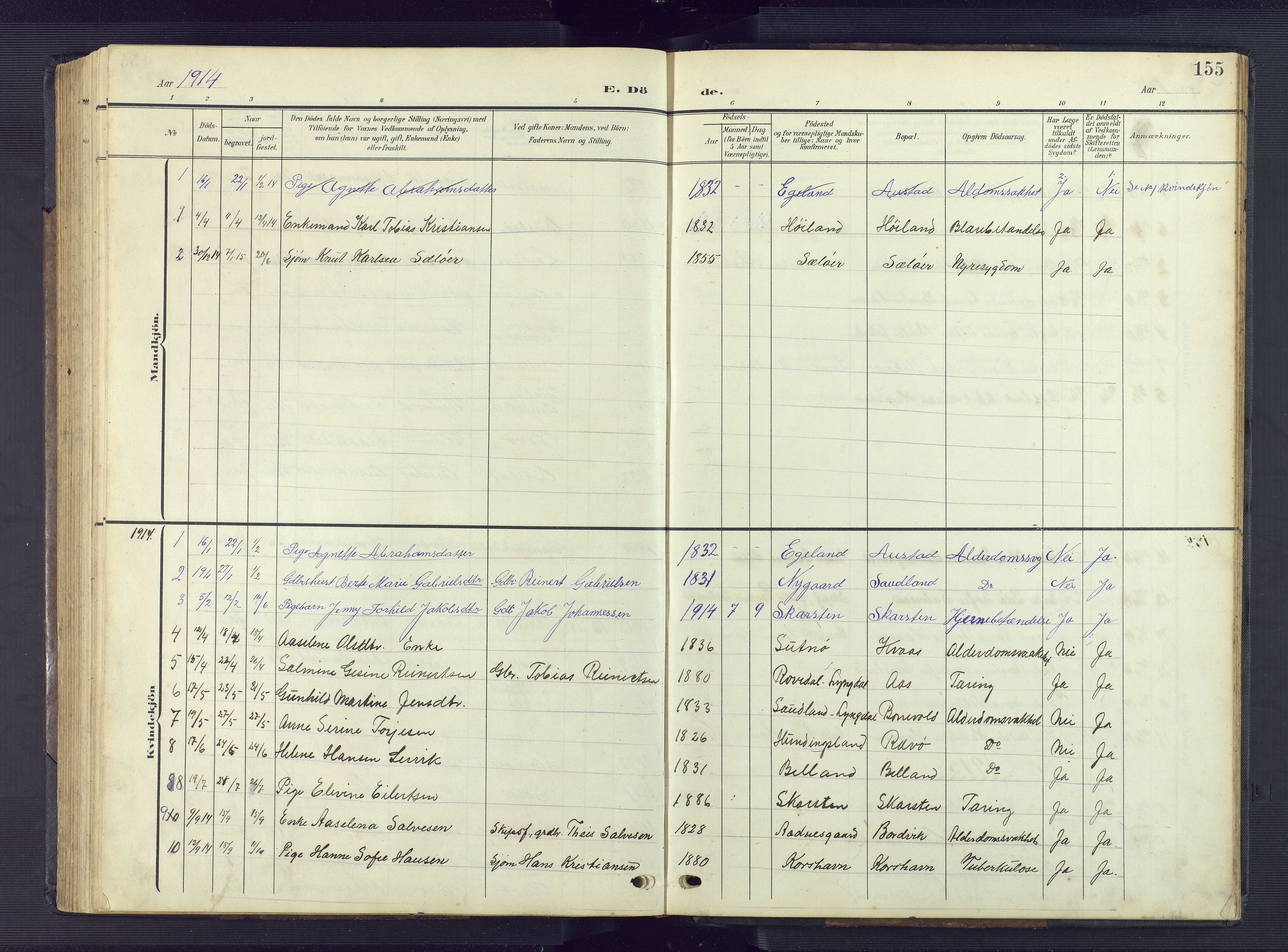 Lyngdal sokneprestkontor, SAK/1111-0029/F/Fb/Fba/L0004: Parish register (copy) no. B 4, 1904-1950, p. 155