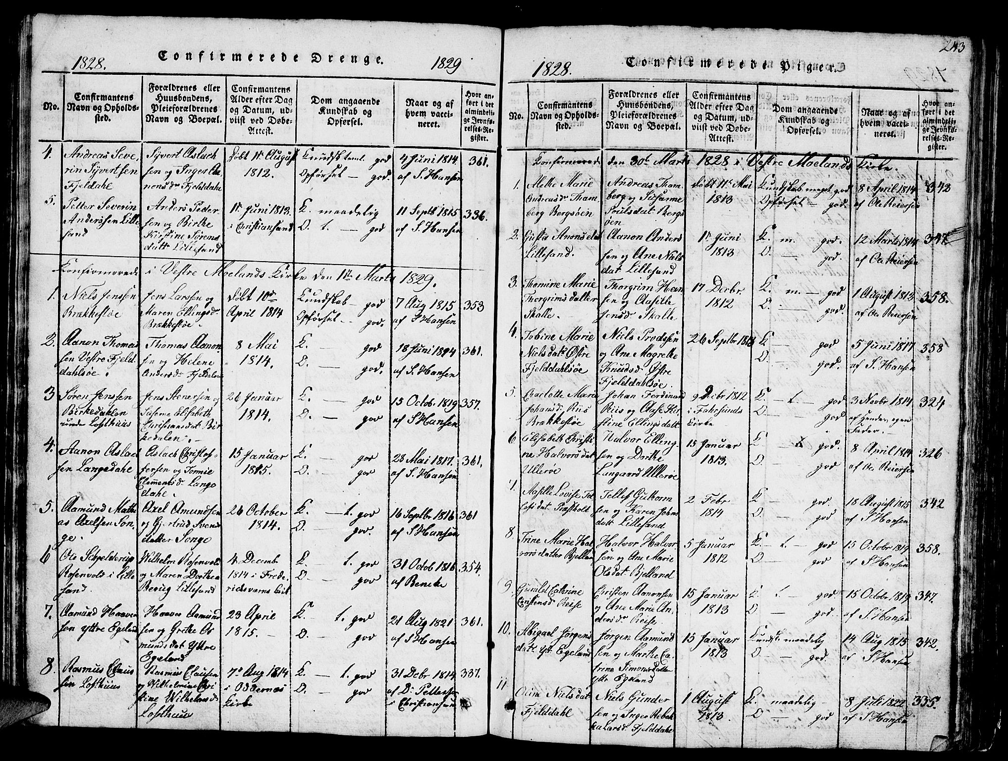 Vestre Moland sokneprestkontor, SAK/1111-0046/F/Fb/Fbb/L0001: Parish register (copy) no. B 1, 1816-1851, p. 243