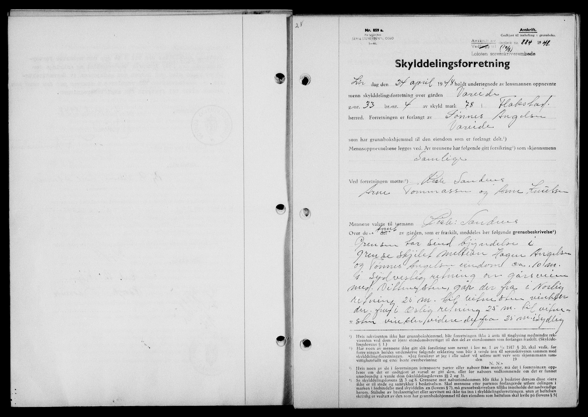 Lofoten sorenskriveri, SAT/A-0017/1/2/2C/L0018a: Mortgage book no. 18a, 1948-1948, Diary no: : 884/1948