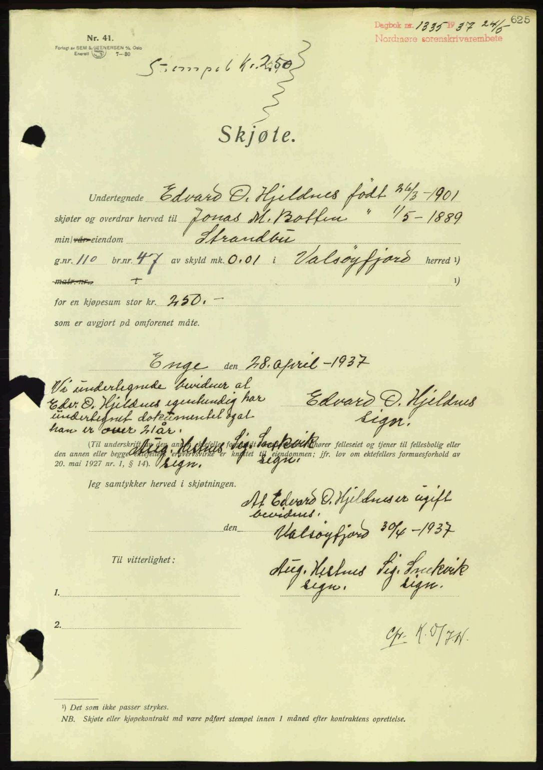 Nordmøre sorenskriveri, AV/SAT-A-4132/1/2/2Ca: Mortgage book no. A81, 1937-1937, Diary no: : 1335/1937