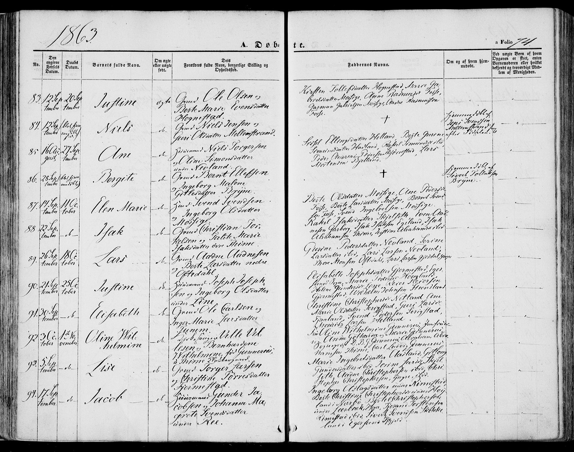 Lye sokneprestkontor, AV/SAST-A-101794/001/30BA/L0007: Parish register (official) no. A 6, 1856-1871, p. 74