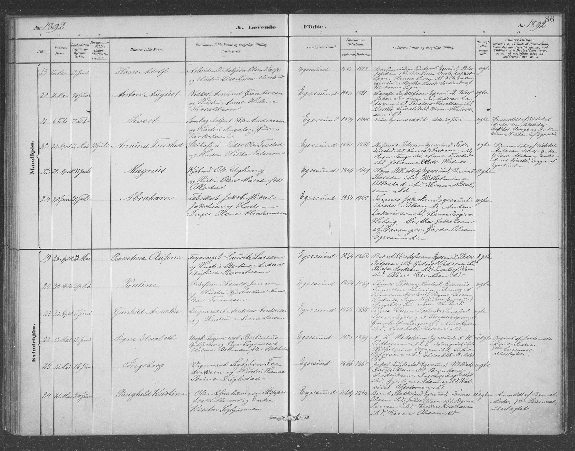 Eigersund sokneprestkontor, AV/SAST-A-101807/S09/L0008: Parish register (copy) no. B 8, 1882-1892, p. 86