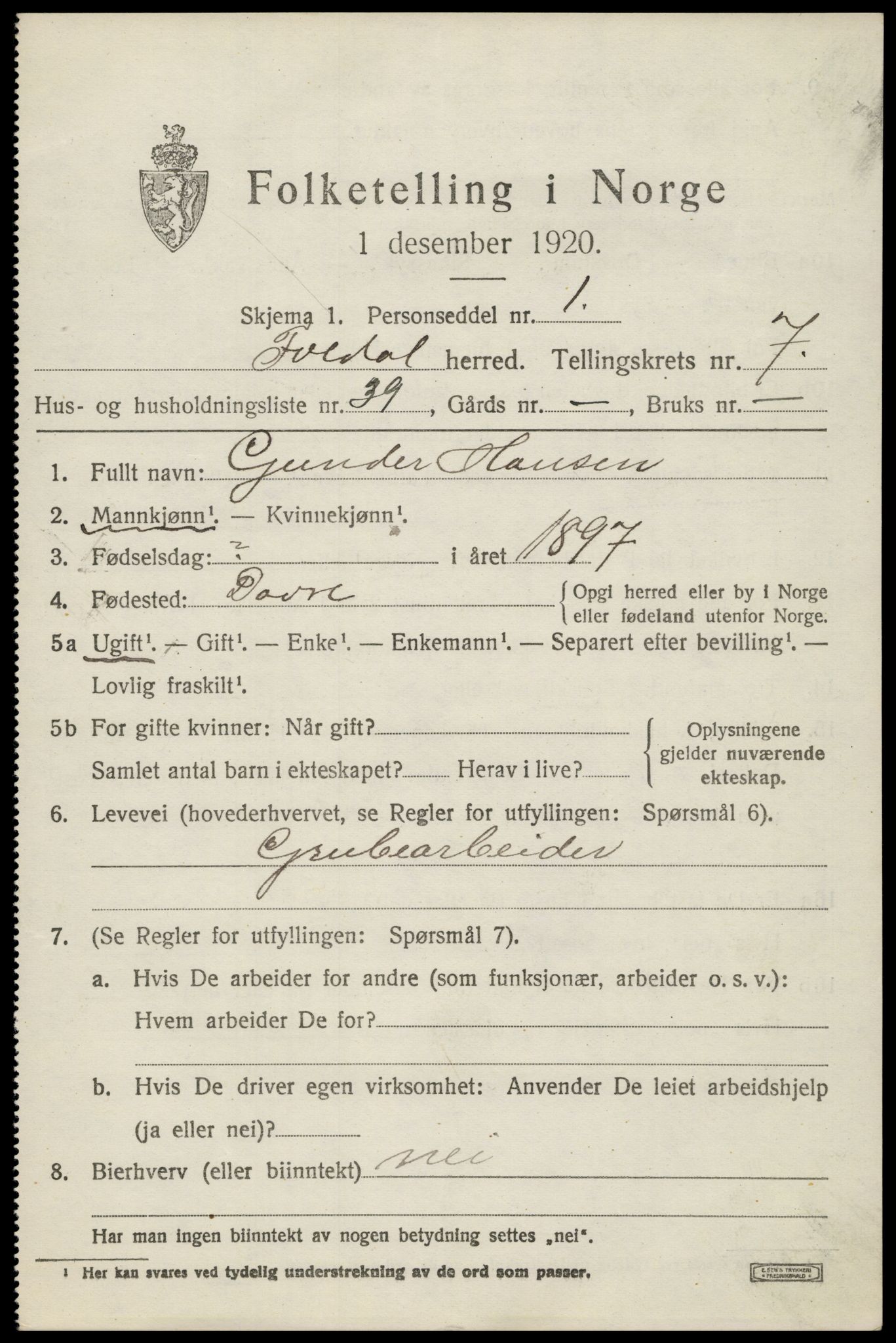 SAH, 1920 census for Folldal, 1920, p. 4339