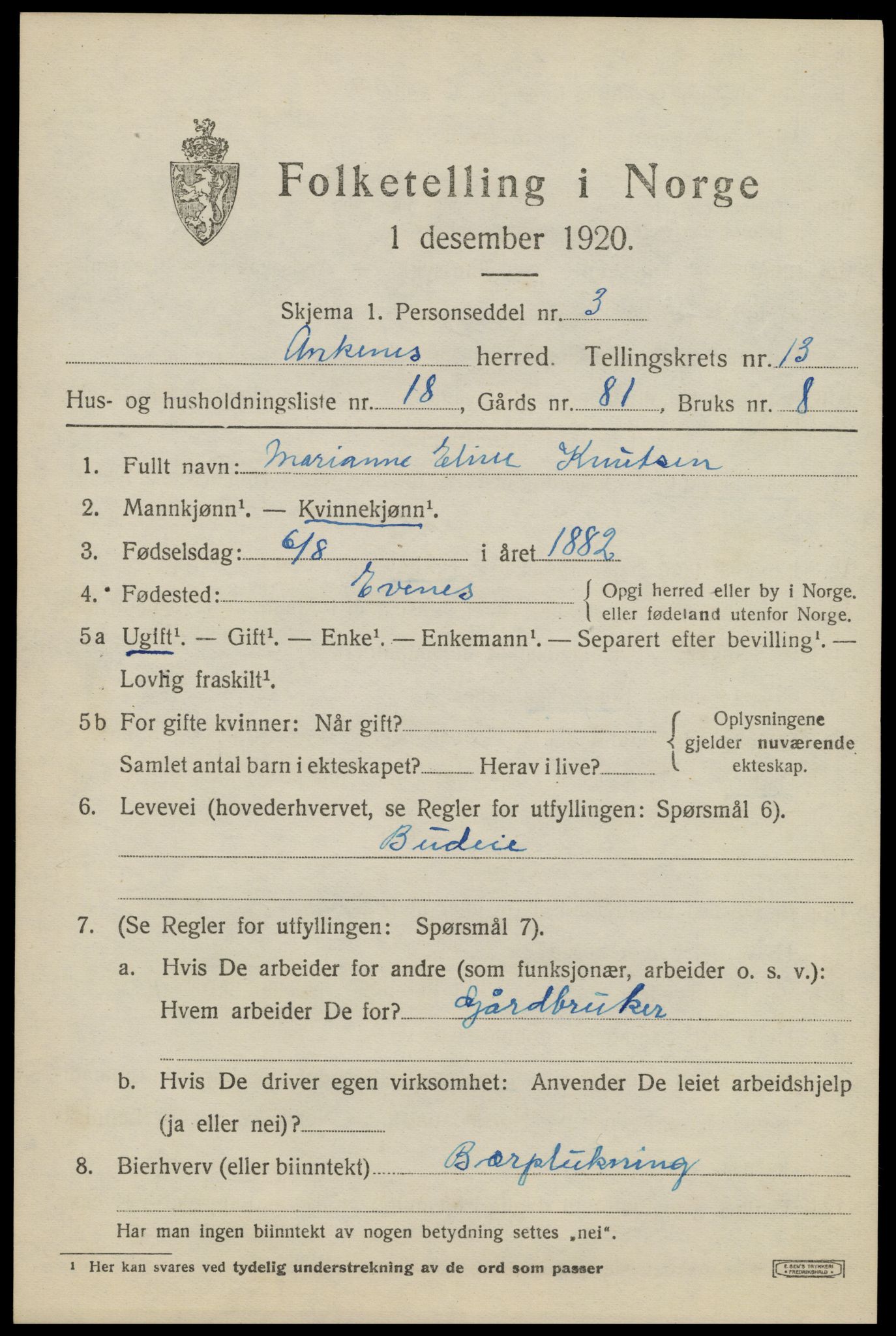 SAT, 1920 census for Ankenes, 1920, p. 6801