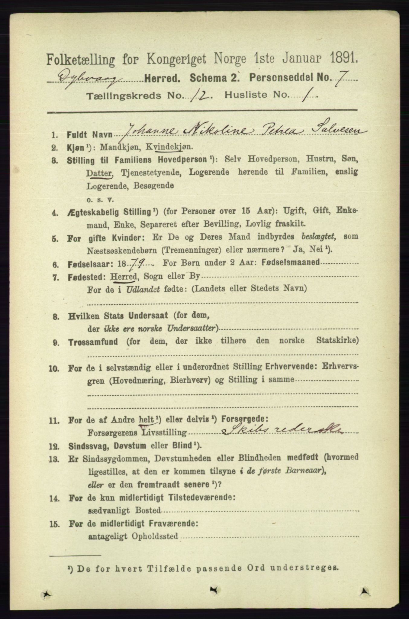 RA, 1891 census for 0915 Dypvåg, 1891, p. 4748