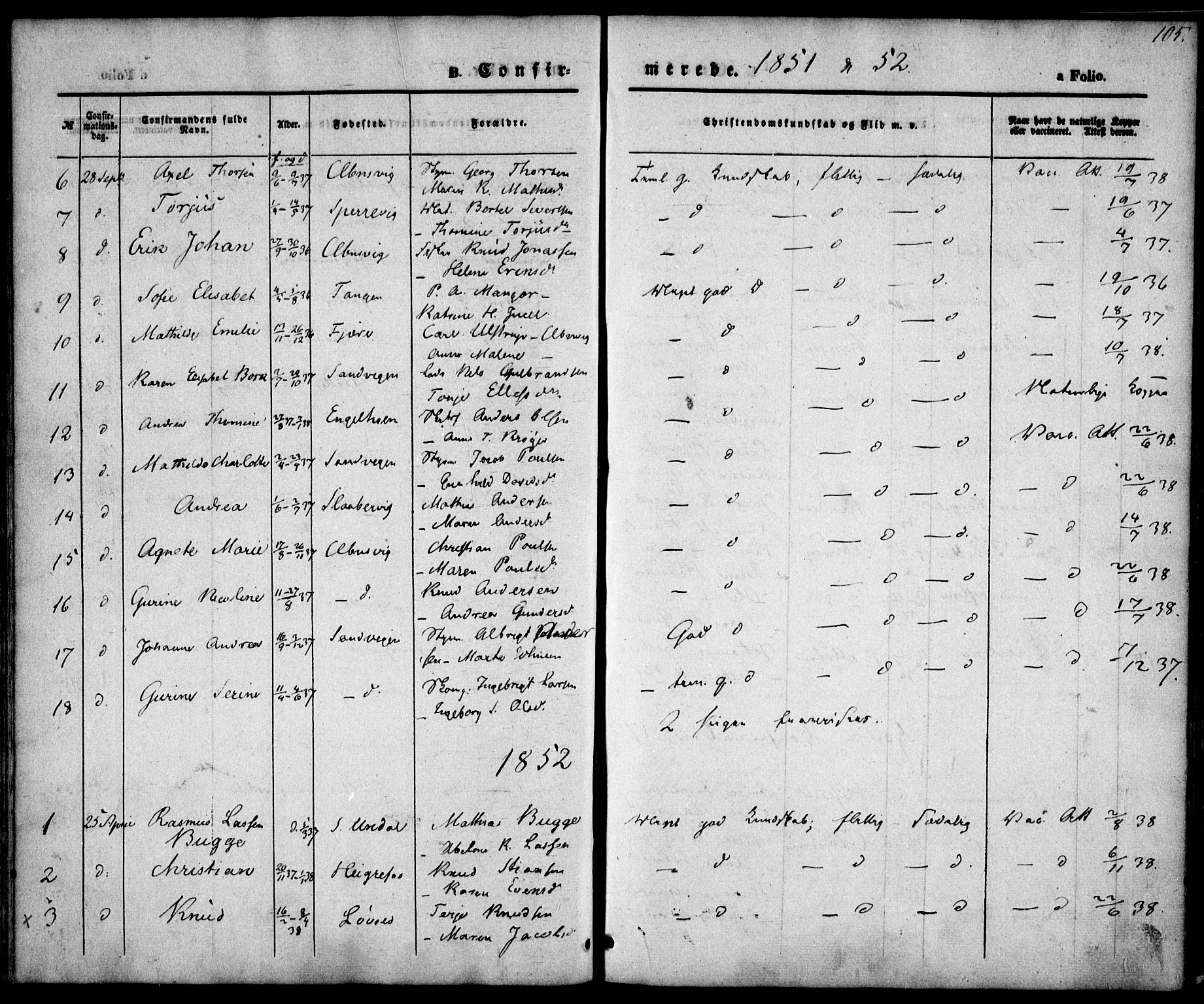 Hisøy sokneprestkontor, SAK/1111-0020/F/Fa/L0001: Parish register (official) no. A 1, 1849-1871, p. 105