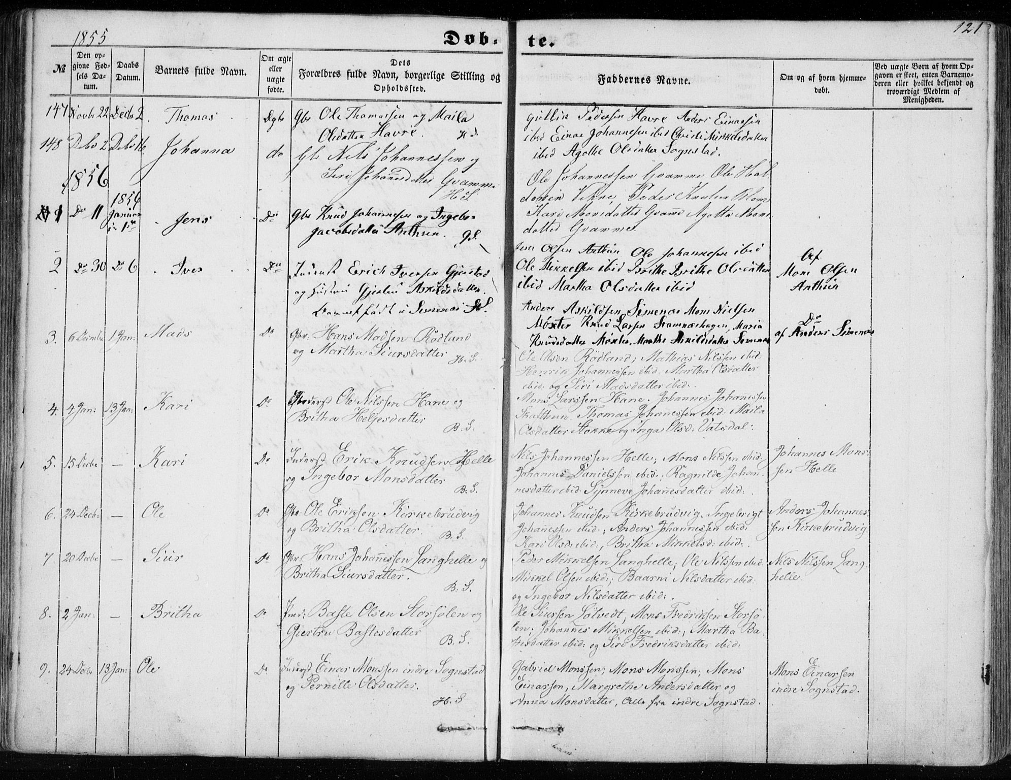 Haus sokneprestembete, SAB/A-75601/H/Haa: Parish register (official) no. A 16 I, 1848-1857, p. 121