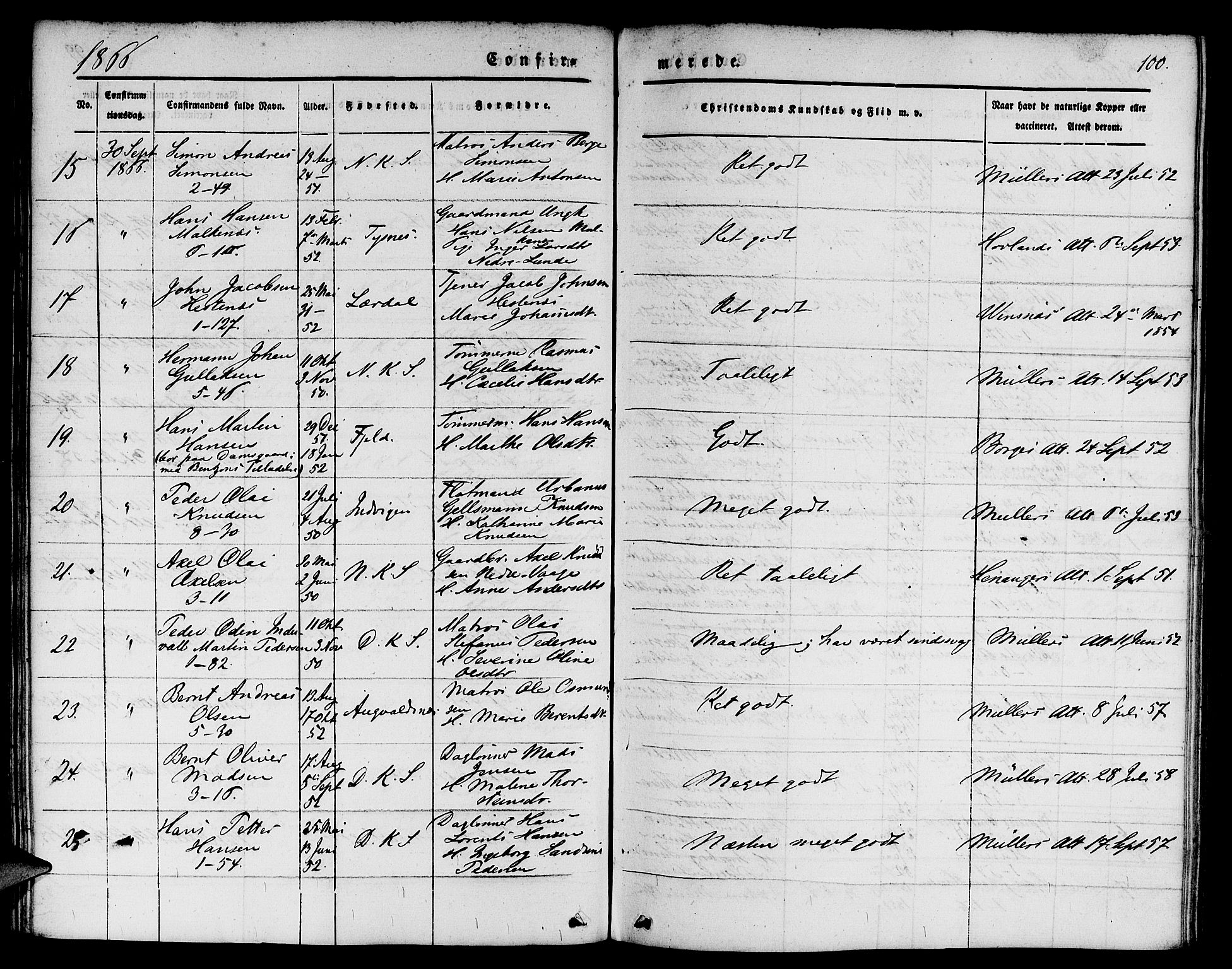 Nykirken Sokneprestembete, SAB/A-77101/H/Hab: Parish register (copy) no. C 1, 1844-1871, p. 100