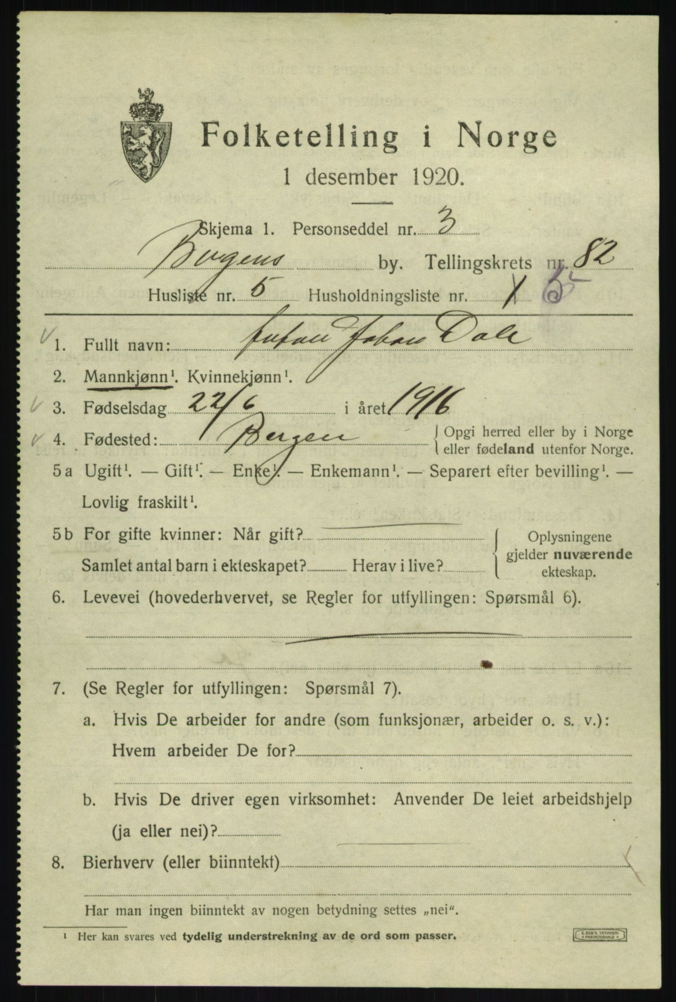 SAB, 1920 census for Bergen, 1920, p. 153128