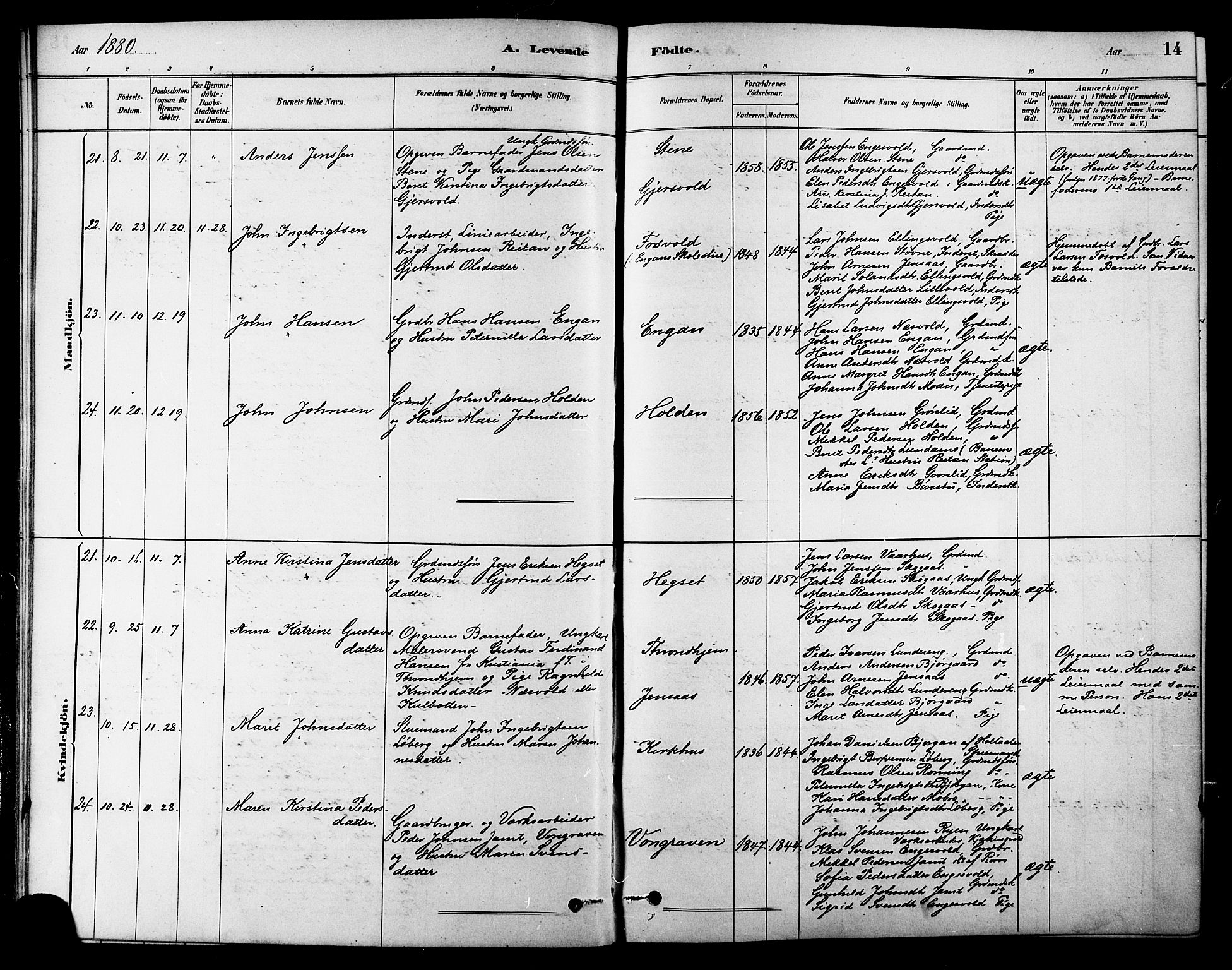 Ministerialprotokoller, klokkerbøker og fødselsregistre - Sør-Trøndelag, SAT/A-1456/686/L0983: Parish register (official) no. 686A01, 1879-1890, p. 14