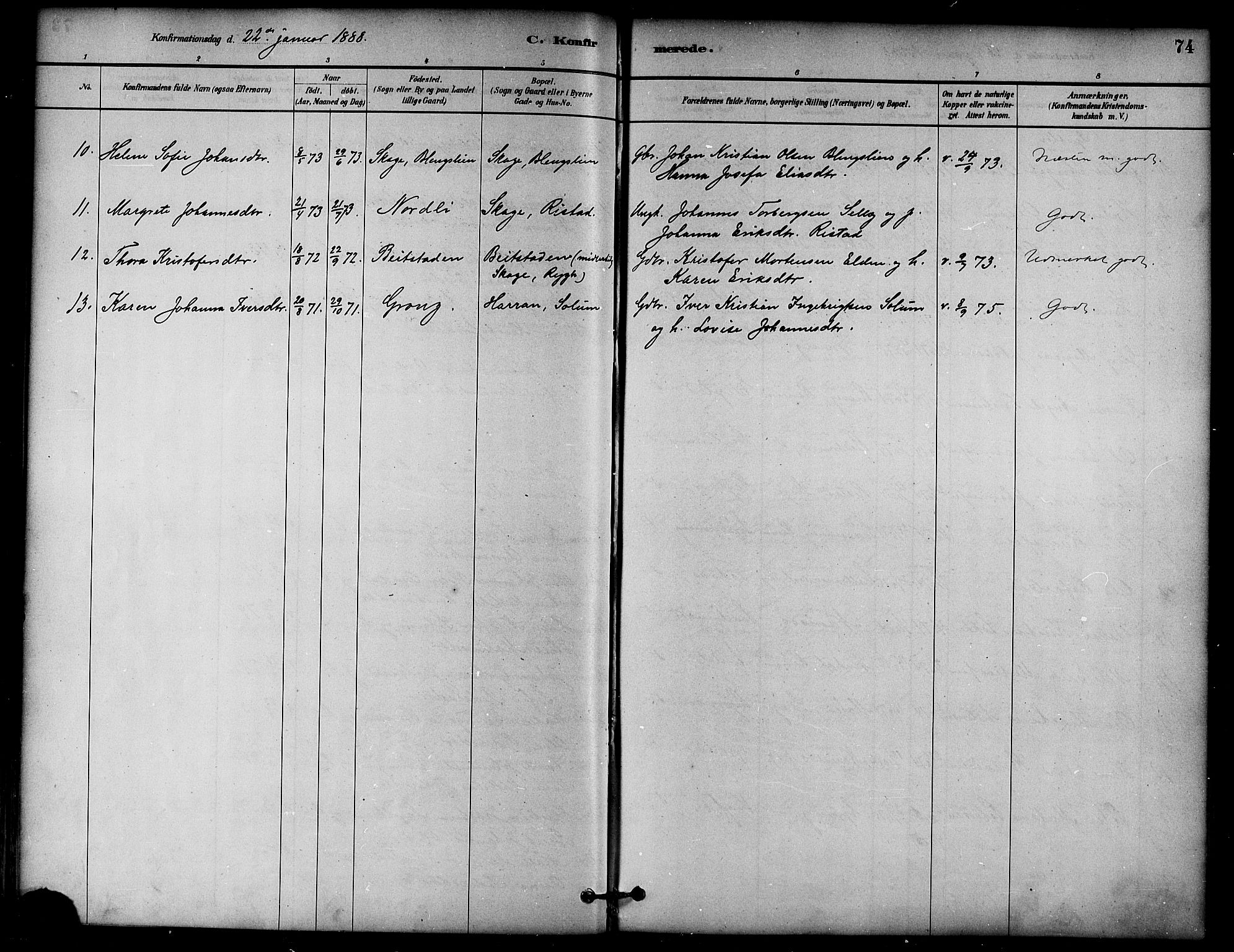 Ministerialprotokoller, klokkerbøker og fødselsregistre - Nord-Trøndelag, AV/SAT-A-1458/764/L0555: Parish register (official) no. 764A10, 1881-1896, p. 74