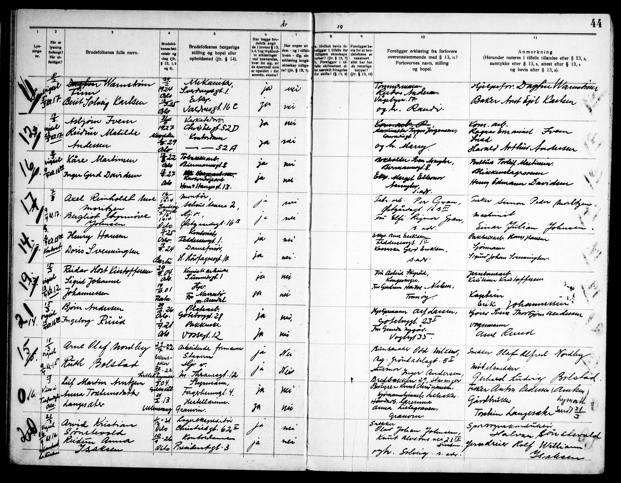 Lilleborg prestekontor Kirkebøker, AV/SAO-A-10343a/H/L0003: Banns register no. 3, 1940-1960, p. 44