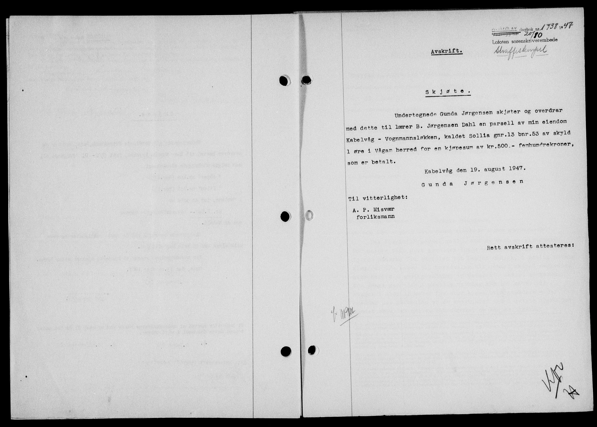 Lofoten sorenskriveri, SAT/A-0017/1/2/2C/L0017a: Mortgage book no. 17a, 1947-1948, Diary no: : 1738/1947