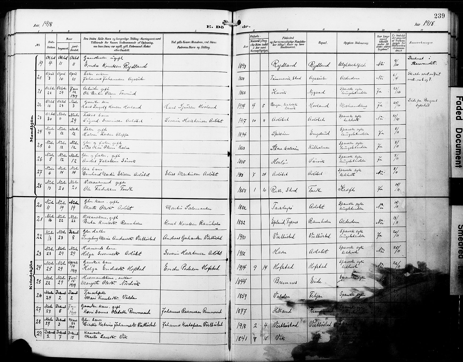 Fitjar sokneprestembete, SAB/A-99926: Parish register (copy) no. B 1, 1906-1928, p. 239