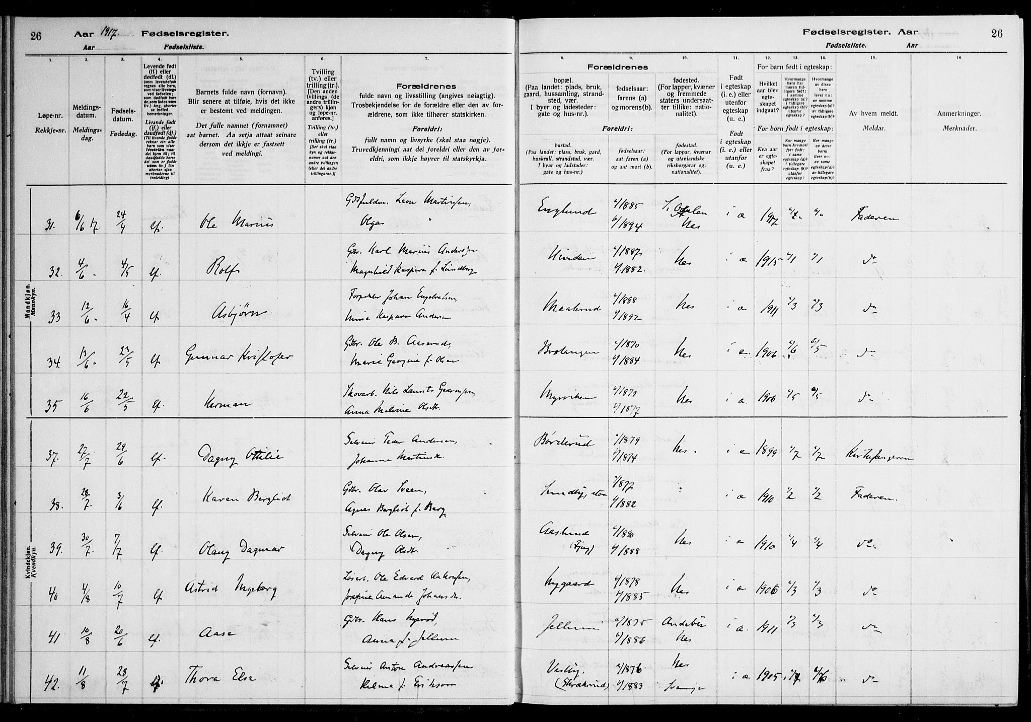 Nes prestekontor Kirkebøker, AV/SAO-A-10410/J/Ja/L0001: Birth register no. 1, 1916-1926, p. 26