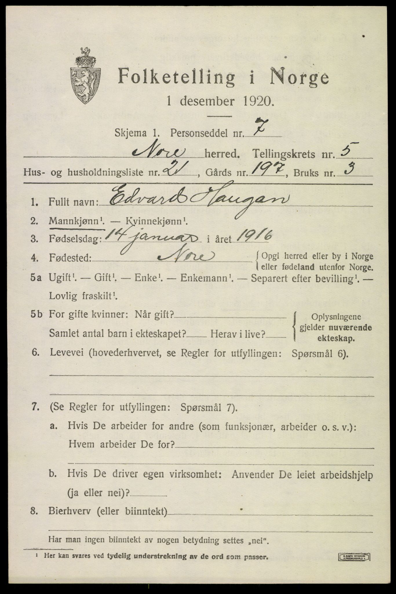 SAKO, 1920 census for Nore, 1920, p. 2476