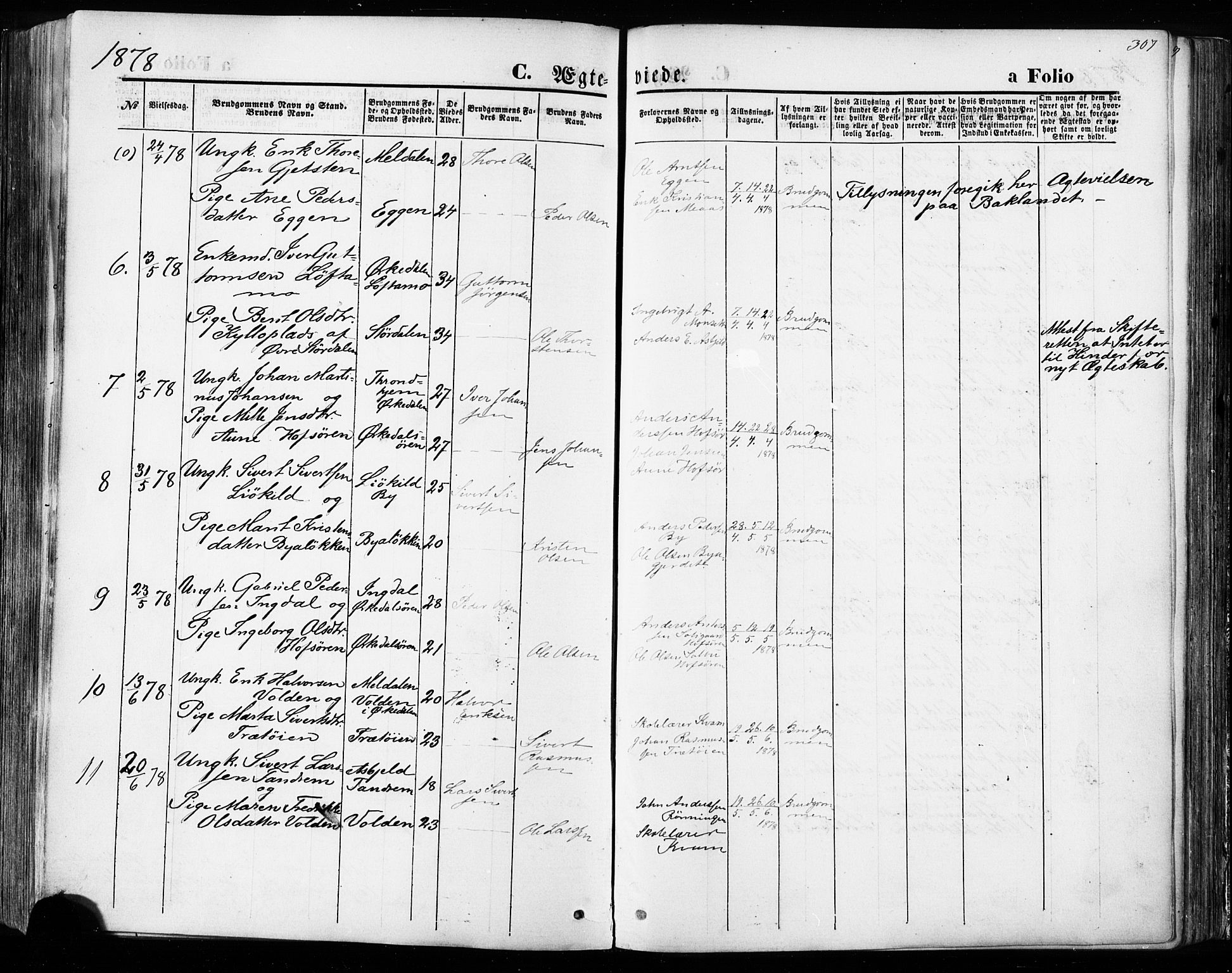Ministerialprotokoller, klokkerbøker og fødselsregistre - Sør-Trøndelag, SAT/A-1456/668/L0807: Parish register (official) no. 668A07, 1870-1880, p. 307