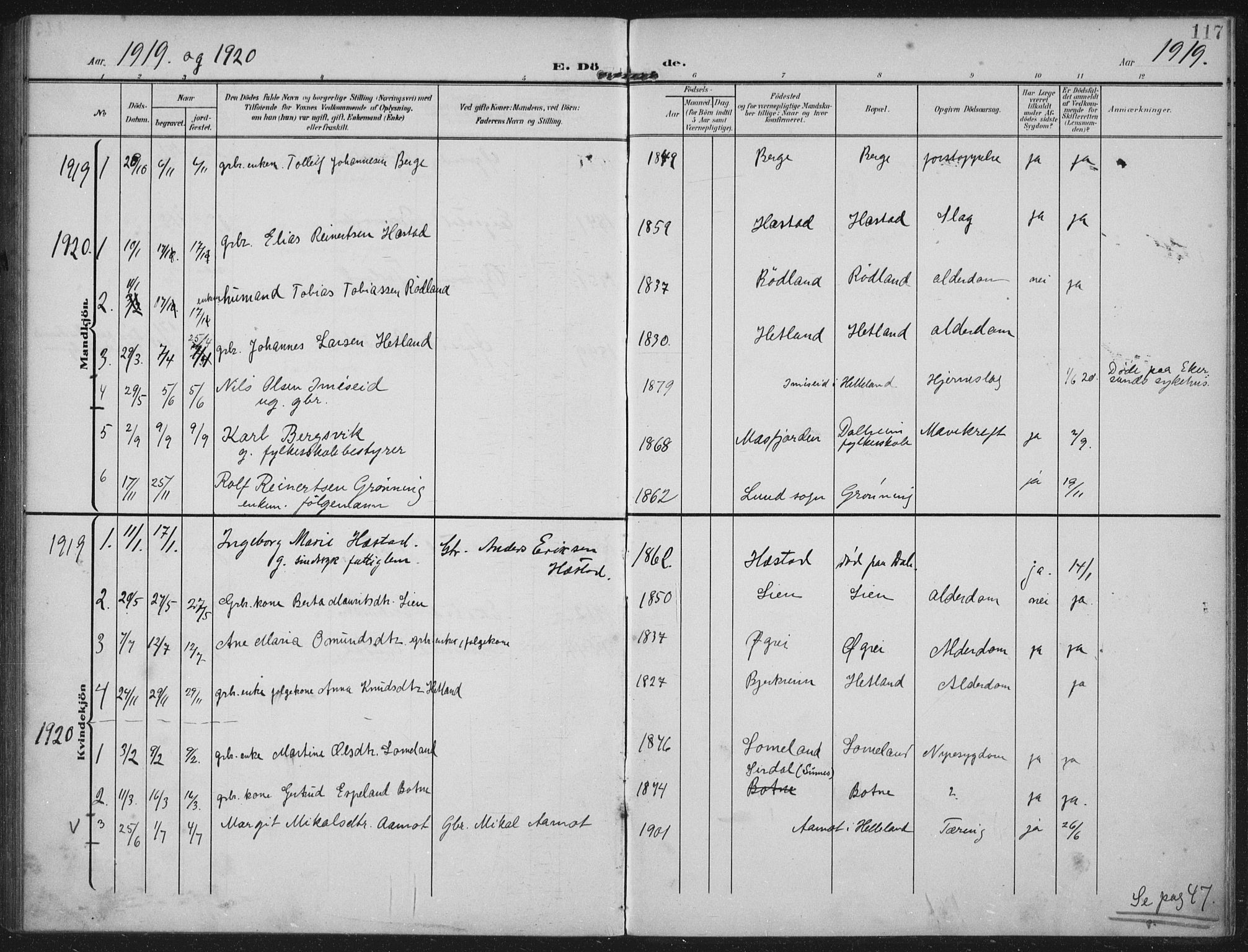 Helleland sokneprestkontor, AV/SAST-A-101810: Parish register (official) no. A 12, 1906-1923, p. 117