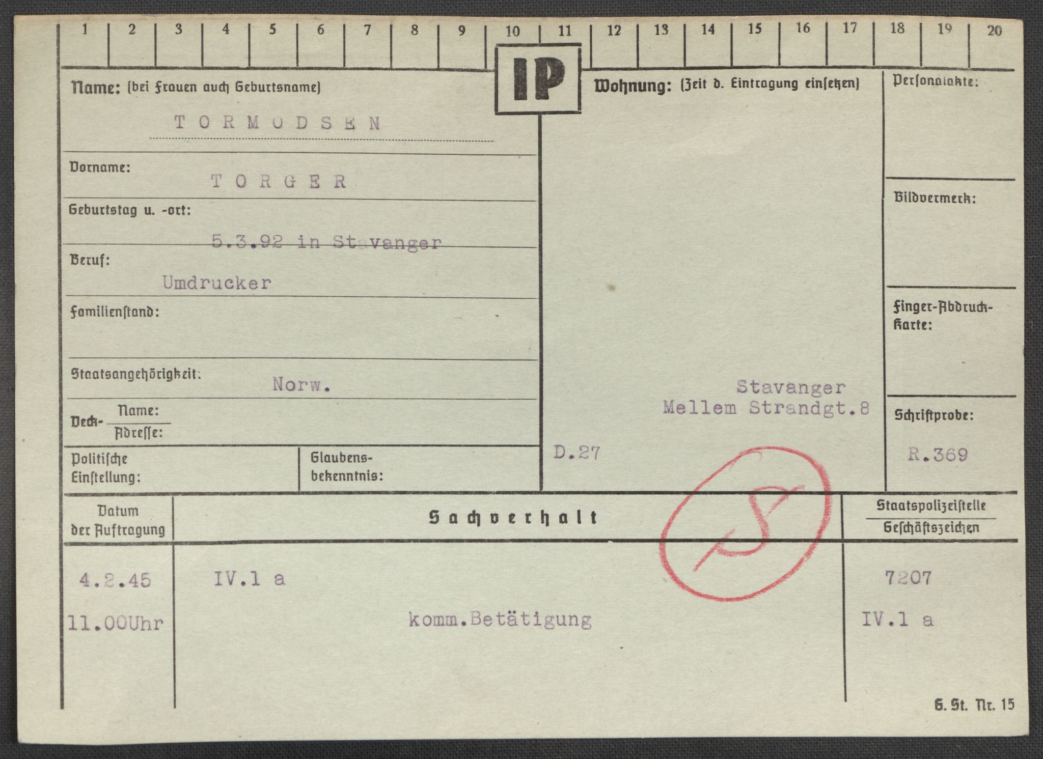 Befehlshaber der Sicherheitspolizei und des SD, AV/RA-RAFA-5969/E/Ea/Eaa/L0010: Register over norske fanger i Møllergata 19: Sø-Å, 1940-1945, p. 400