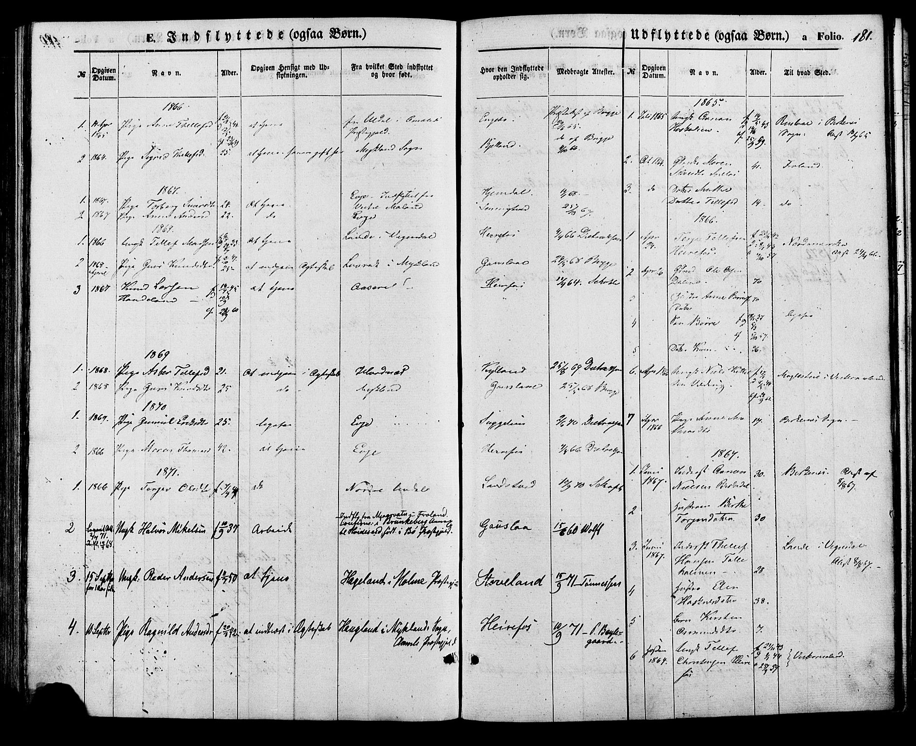 Herefoss sokneprestkontor, SAK/1111-0019/F/Fa/Faa/L0002: Parish register (official) no. A 2, 1861-1886, p. 181