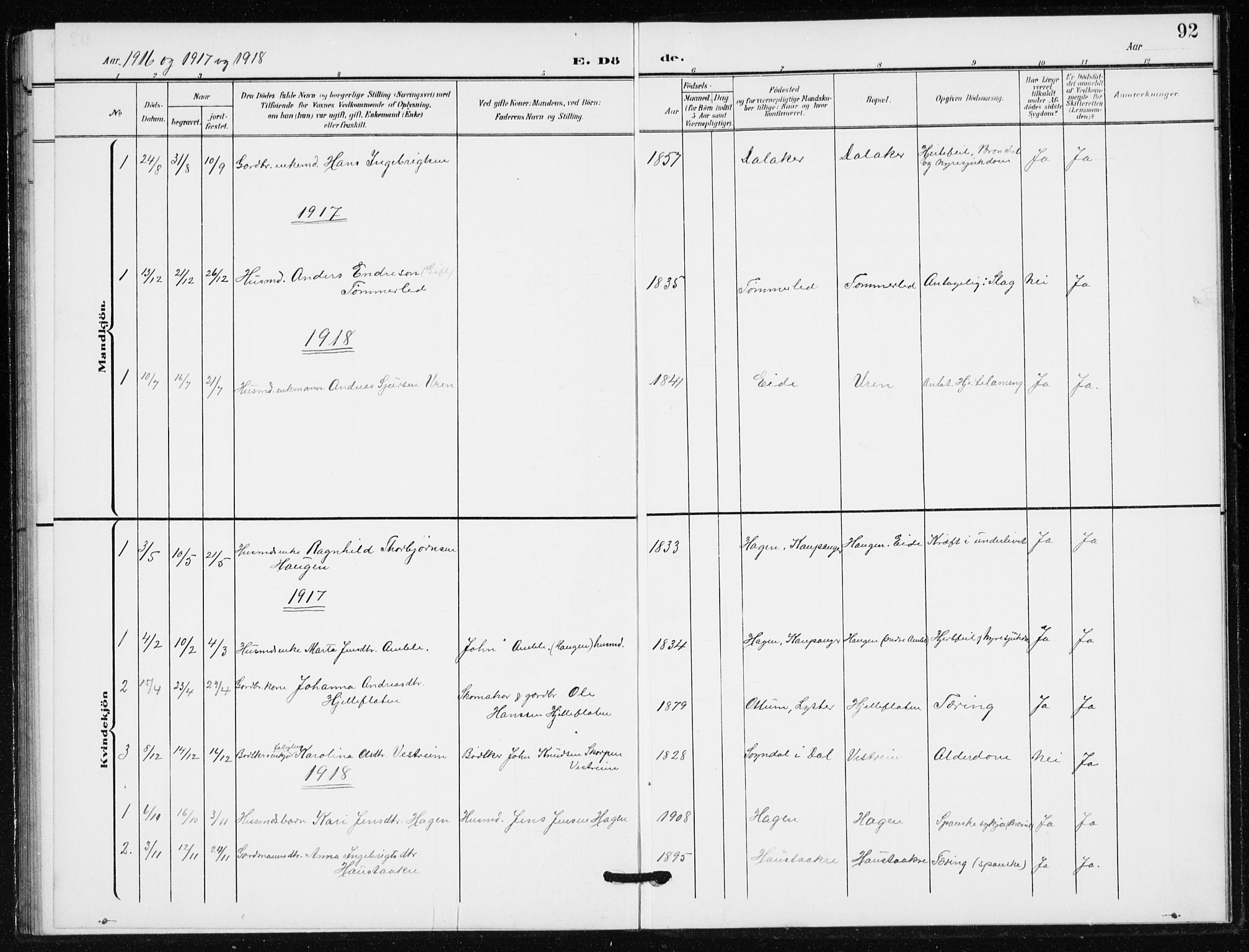 Sogndal sokneprestembete, SAB/A-81301/H/Hab/Habb/L0002: Parish register (copy) no. B 2, 1908-1933, p. 92