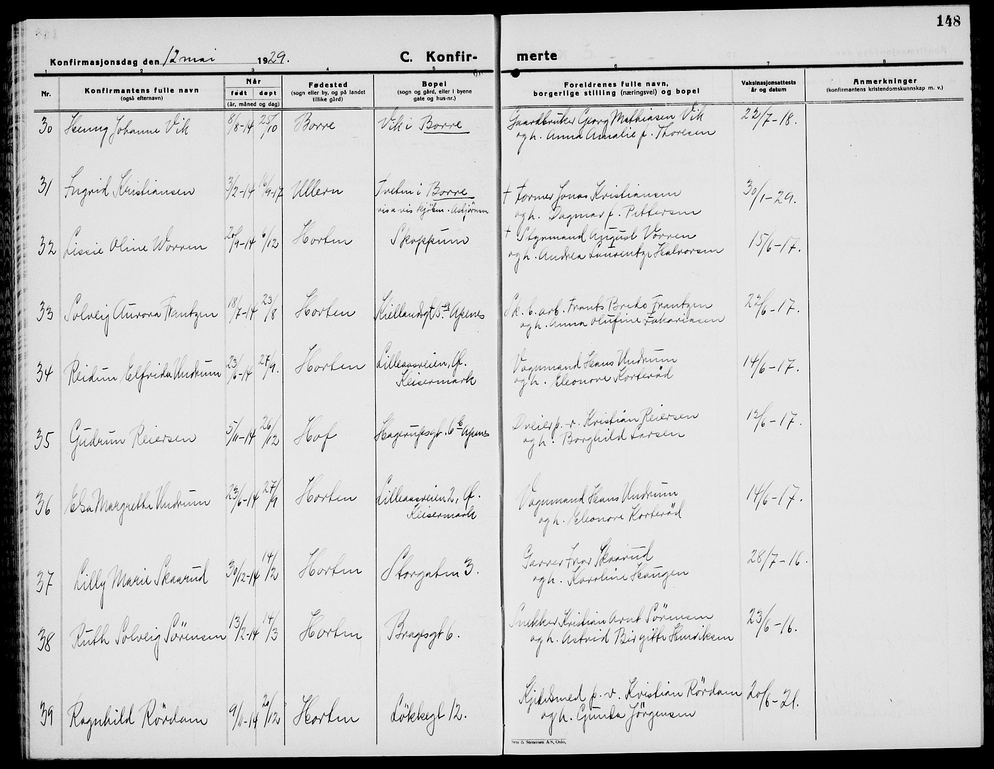 Horten kirkebøker, AV/SAKO-A-348/G/Ga/L0009: Parish register (copy) no. 9, 1926-1936, p. 148