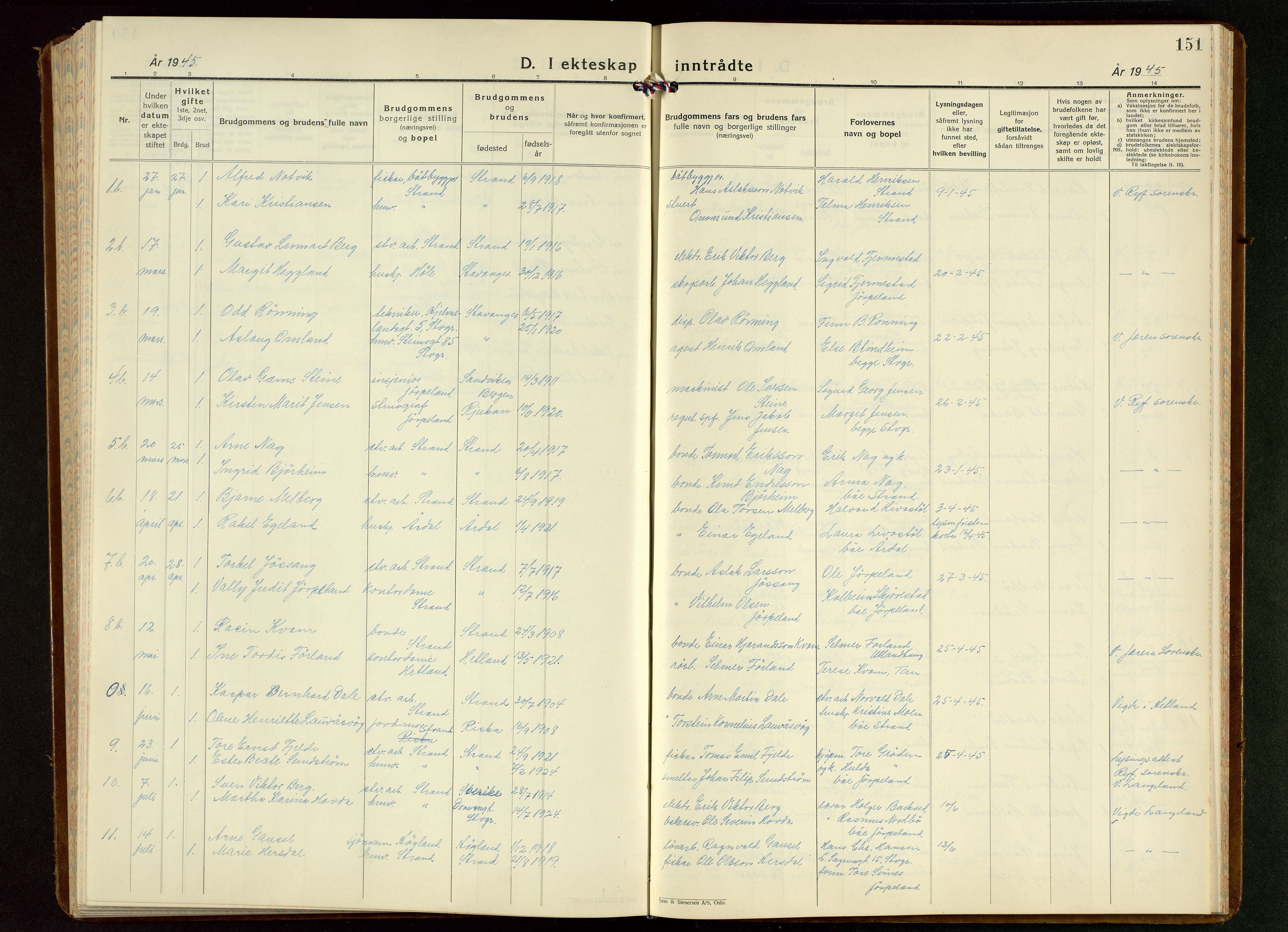 Strand sokneprestkontor, SAST/A-101828/H/Ha/Hab/L0006: Parish register (copy) no. B 6, 1933-1950, p. 151
