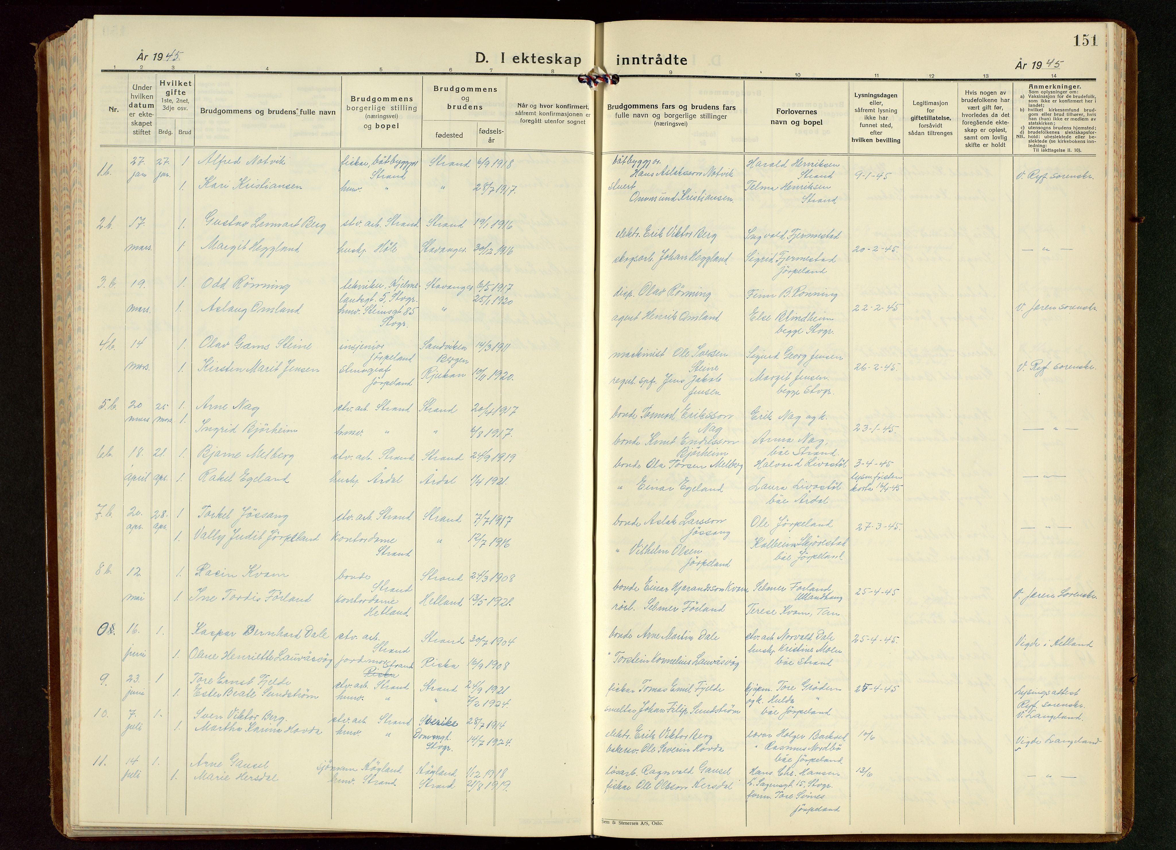 Strand sokneprestkontor, AV/SAST-A-101828/H/Ha/Hab/L0006: Parish register (copy) no. B 6, 1933-1950, p. 151