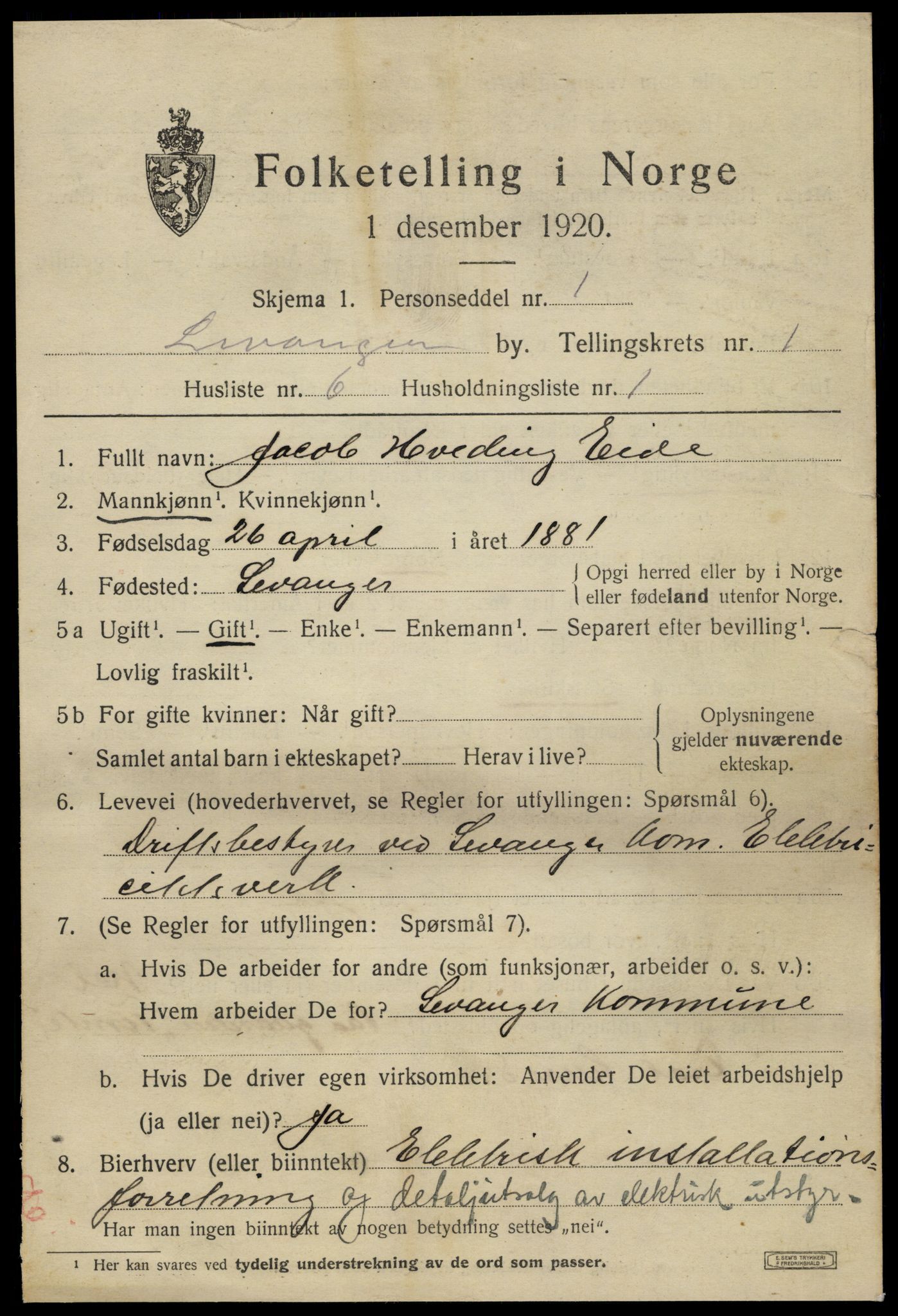 SAT, 1920 census for Levanger town, 1920, p. 1280