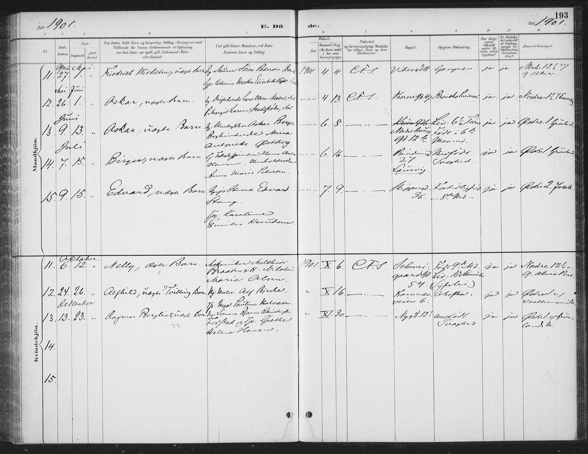 Rikshospitalet prestekontor Kirkebøker, SAO/A-10309b/F/L0010: Parish register (official) no. 10, 1888-1912, p. 193