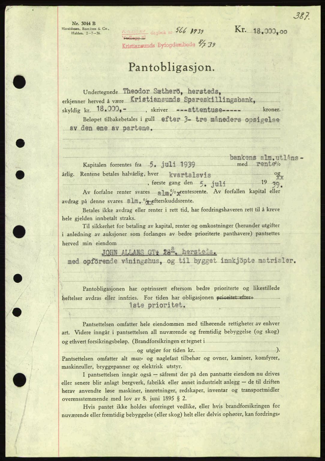 Kristiansund byfogd, SAT/A-4587/A/27: Mortgage book no. 31, 1938-1939, Diary no: : 566/1939