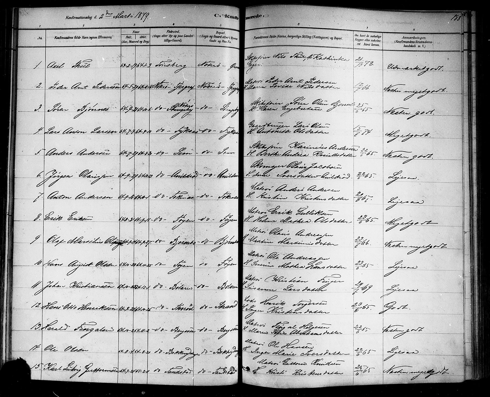 Nøtterøy kirkebøker, AV/SAKO-A-354/F/Fa/L0008: Parish register (official) no. I 8, 1878-1893, p. 188