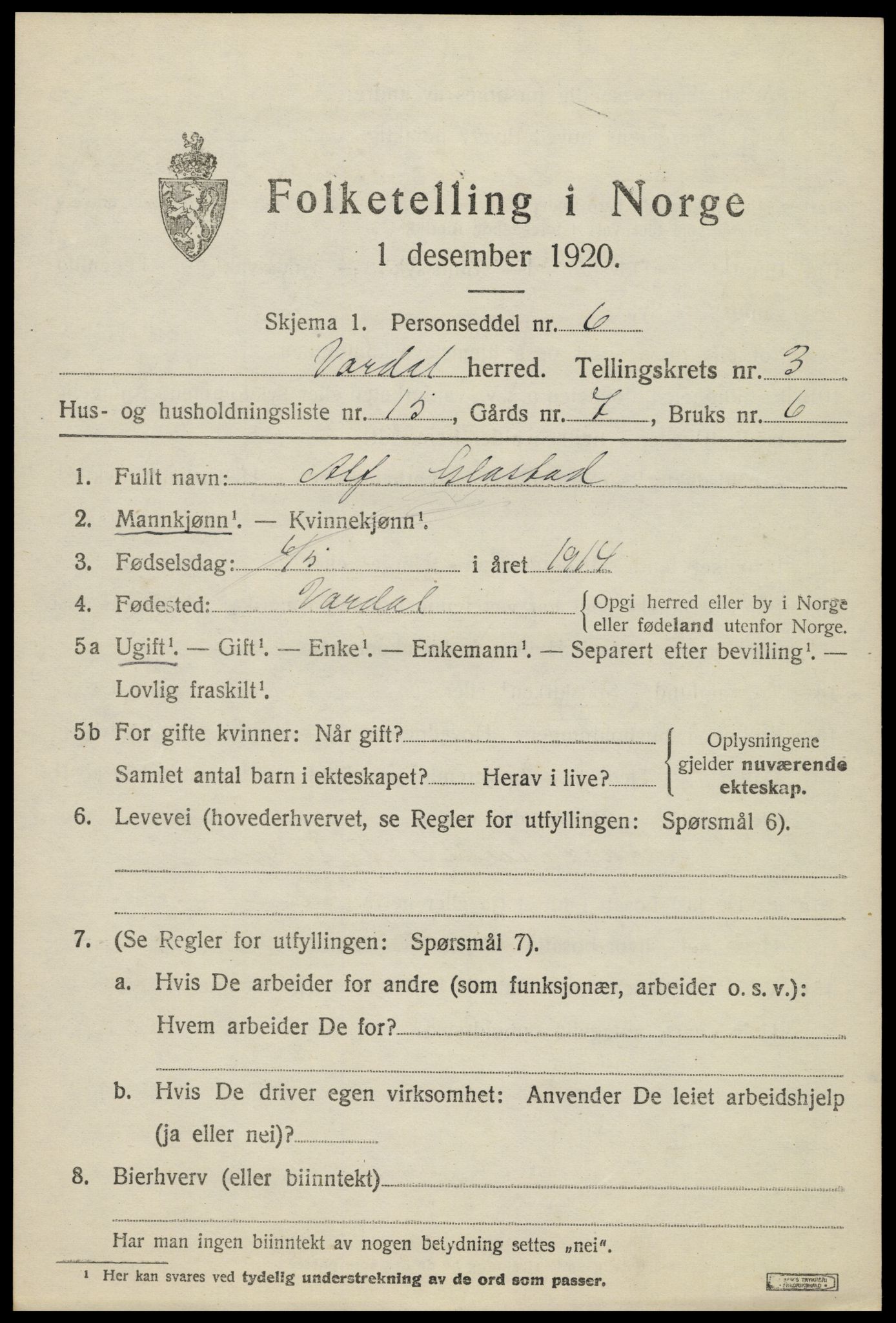 SAH, 1920 census for Vardal, 1920, p. 2831