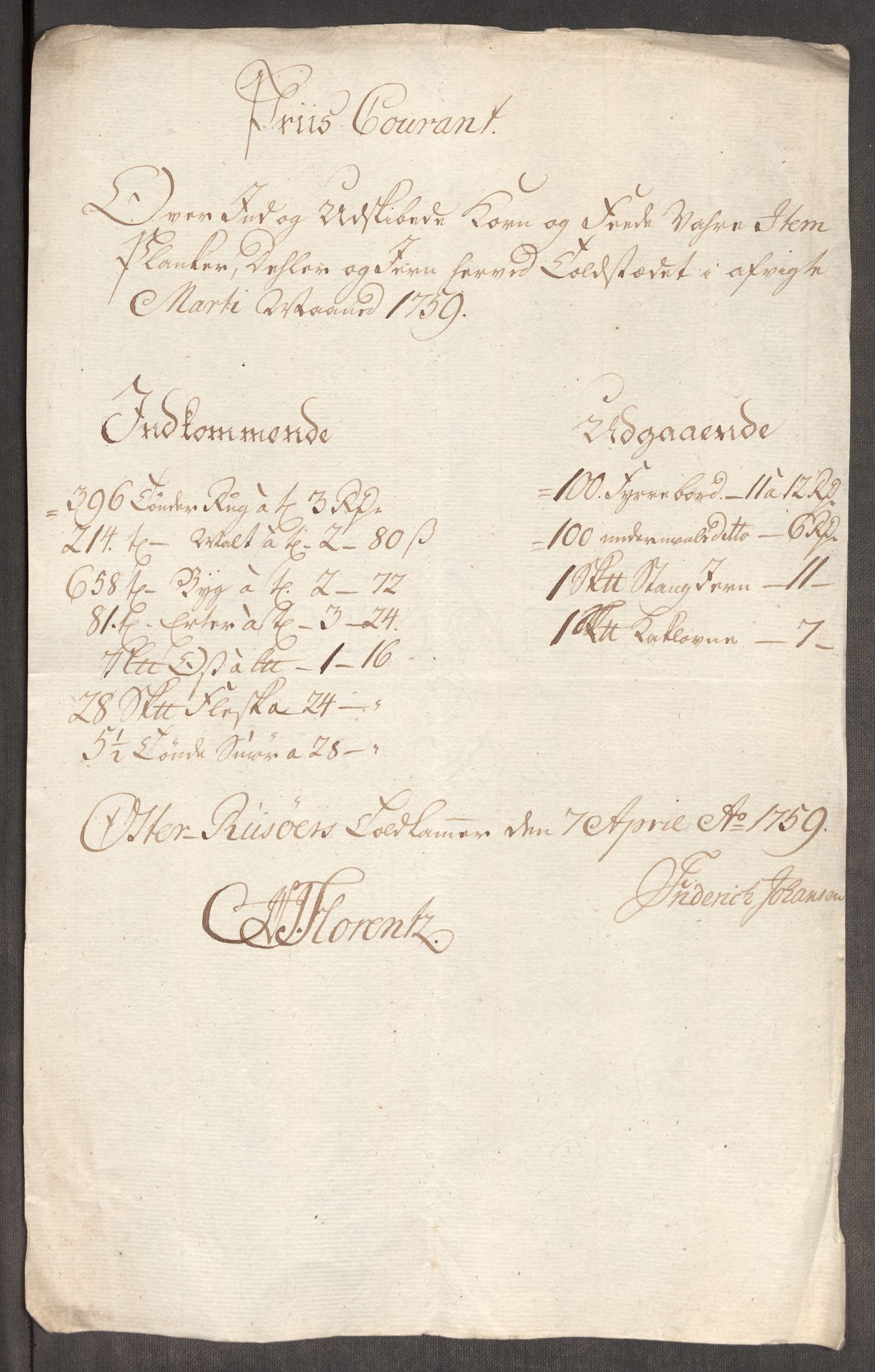 Rentekammeret inntil 1814, Realistisk ordnet avdeling, RA/EA-4070/Oe/L0006: [Ø1]: Priskuranter, 1758-1760, p. 575